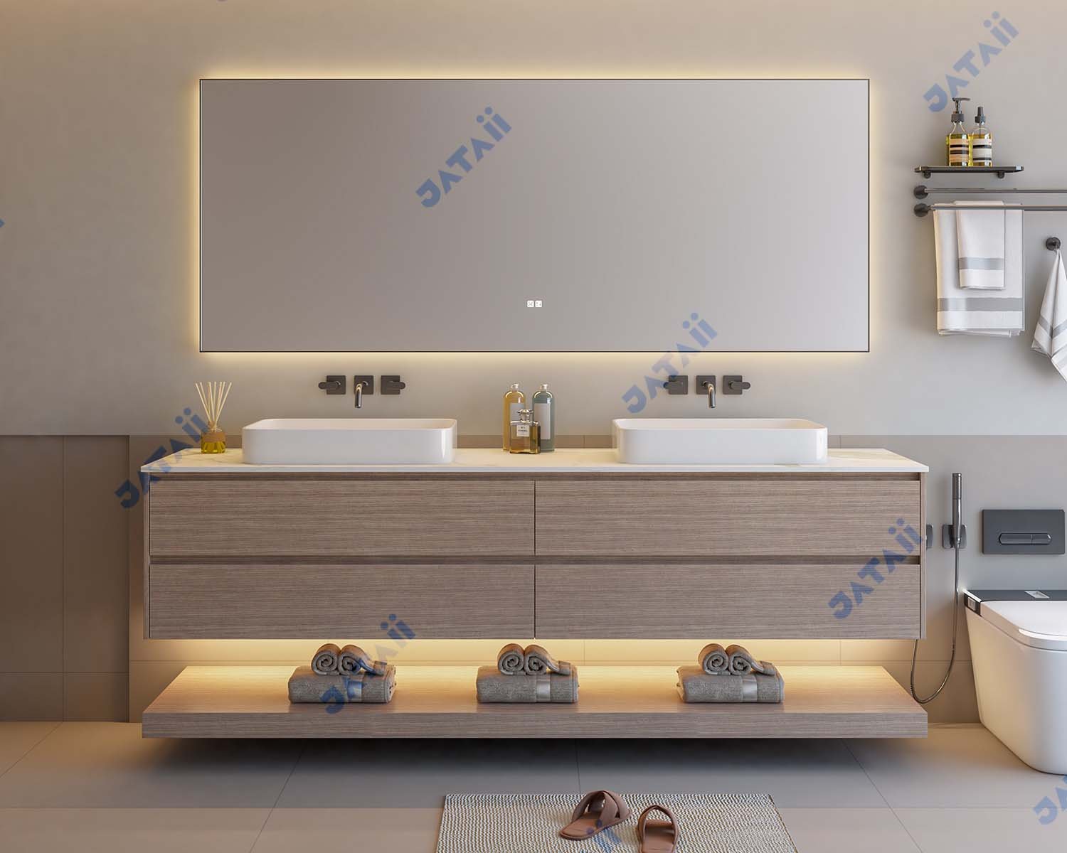 2100mm Wood Grain Dual-Tier Vanity with Double Vessel Sinks & Sintered Stone