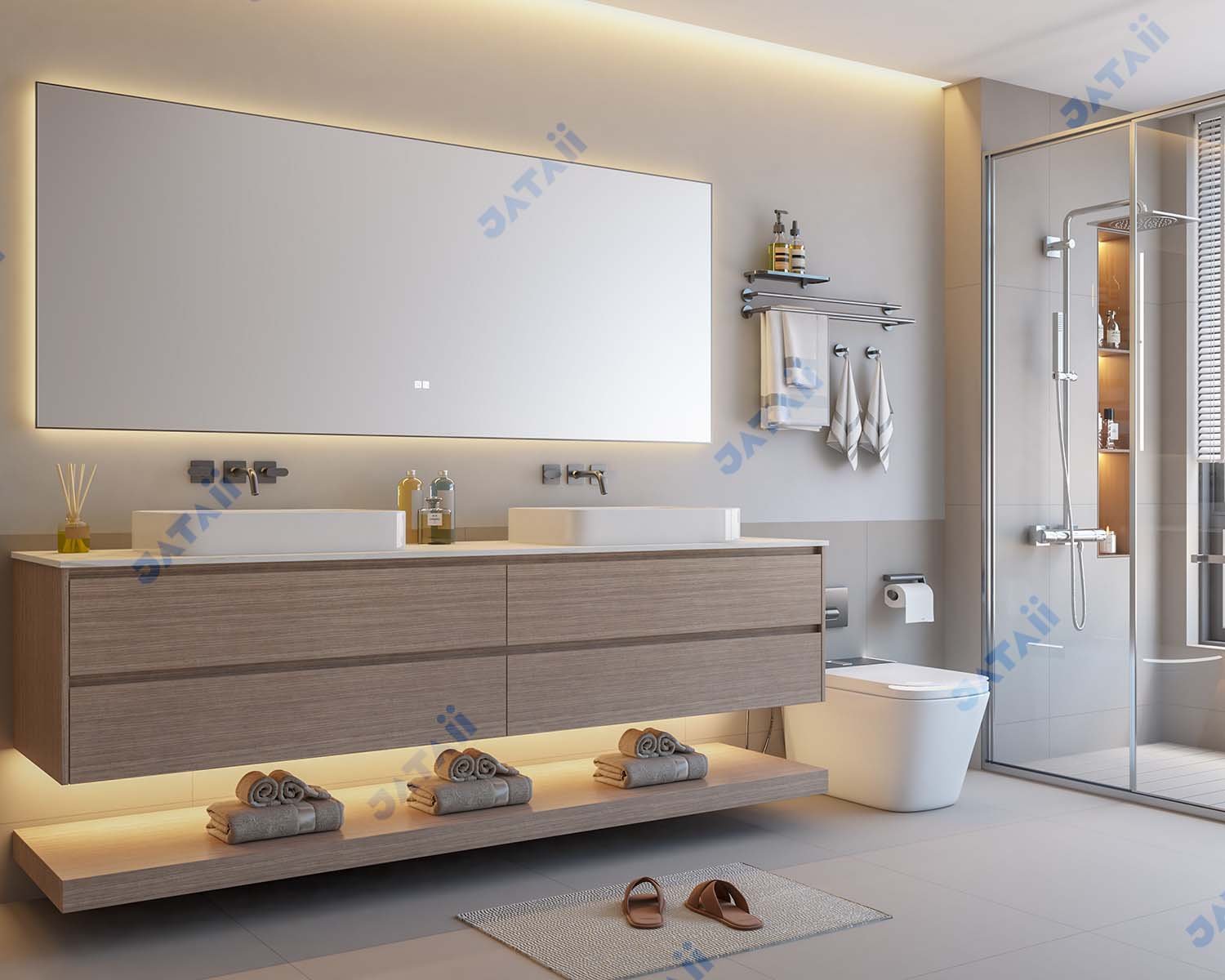 2100mm Wood Grain Dual-Tier Vanity with Double Vessel Sinks & Sintered Stone
