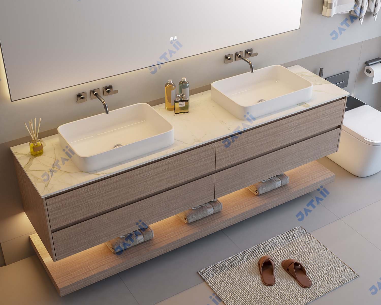 2100mm Wood Grain Dual-Tier Vanity with Double Vessel Sinks & Sintered Stone