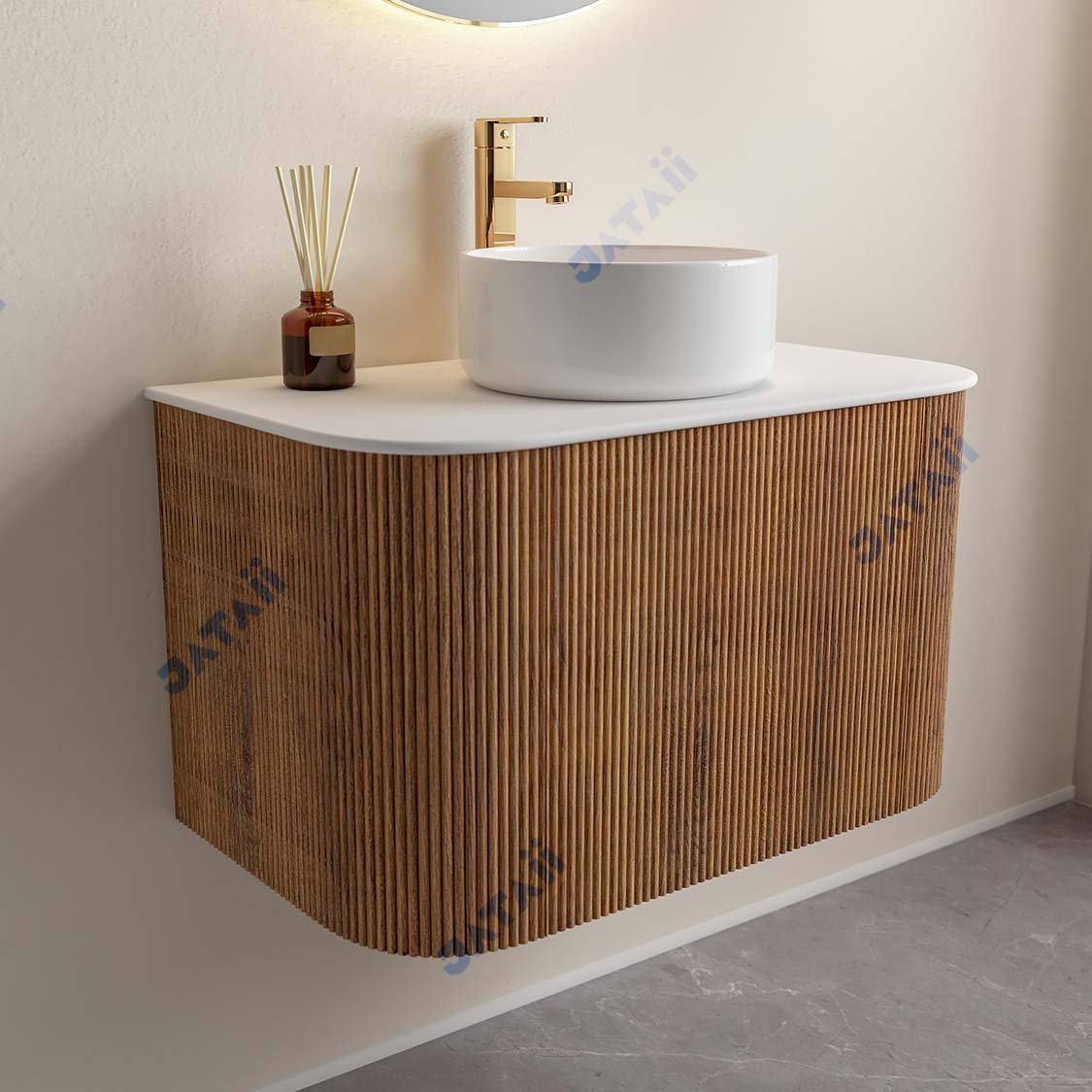 Waterproof Wood-Look Aluminum Vanity with Round LED Mirror