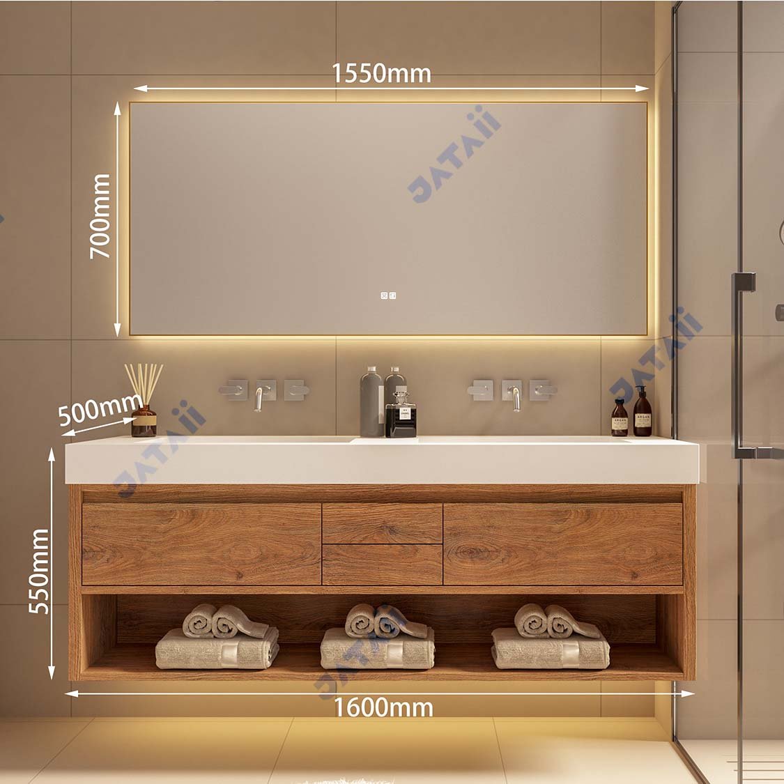1600mm Wood Grain Floating Vanity | Double Integrated Sink | JATAII