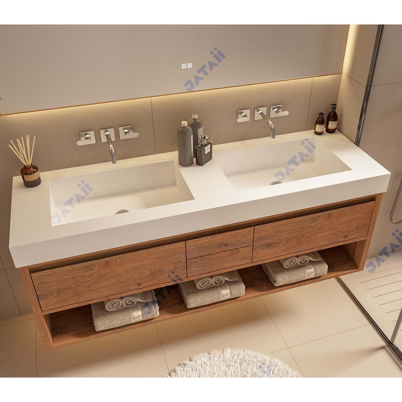 1600mm Wood Grain Floating Vanity | Double Integrated Sink | JATAII
