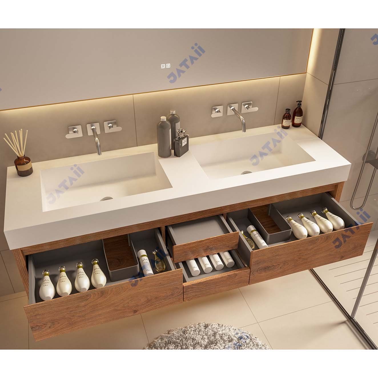 1600mm Wood Grain Floating Vanity | Double Integrated Sink | JATAII