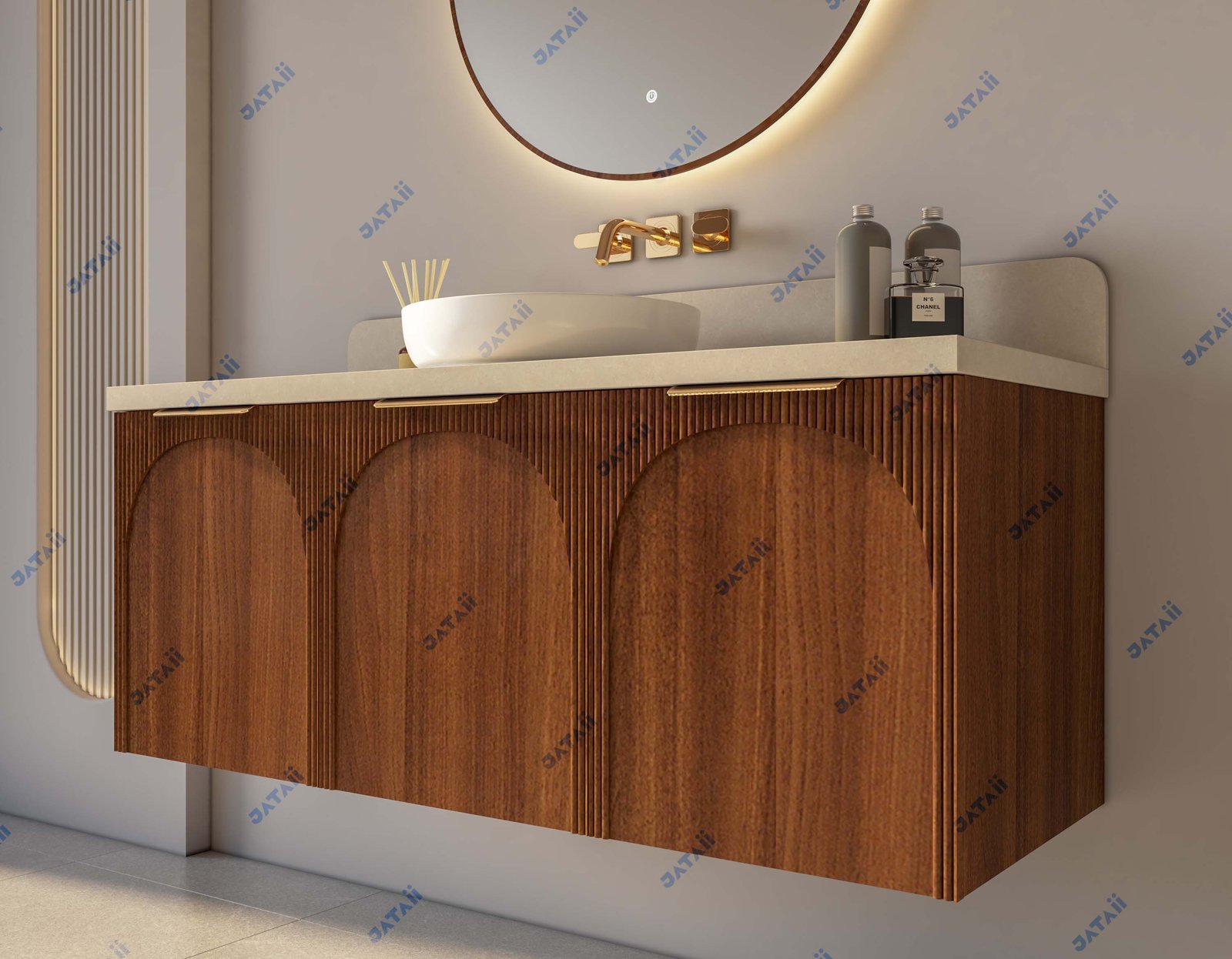 Wholesale 1300mm Arch-Carved Fluted Wood Aluminum Vanity with Vessel Sink & Backlit Round Mirror | TC004