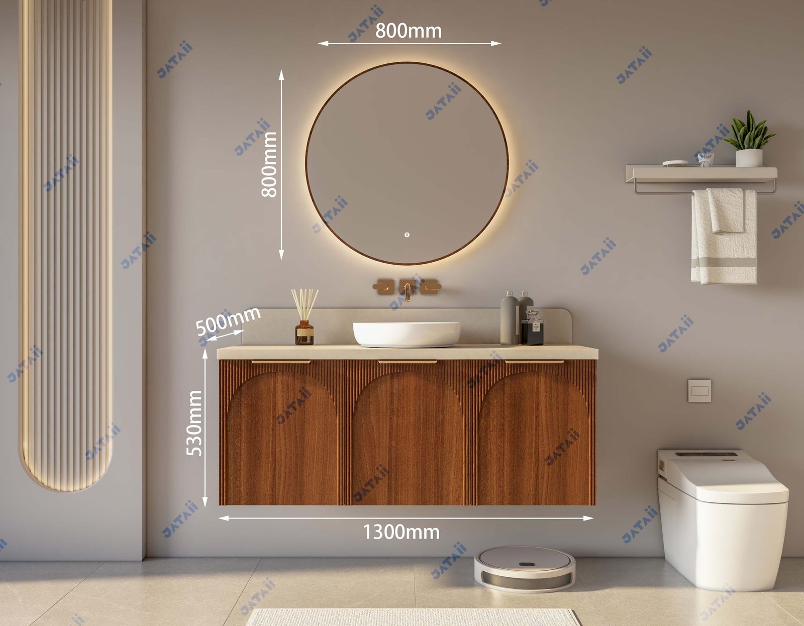 Wholesale 1300mm Arch-Carved Fluted Wood Aluminum Vanity with Vessel Sink & Backlit Round Mirror | TC004