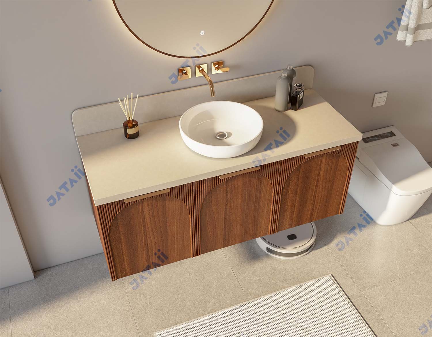 Wholesale 1300mm Arch-Carved Fluted Wood Aluminum Vanity with Vessel Sink & Backlit Round Mirror | TC004