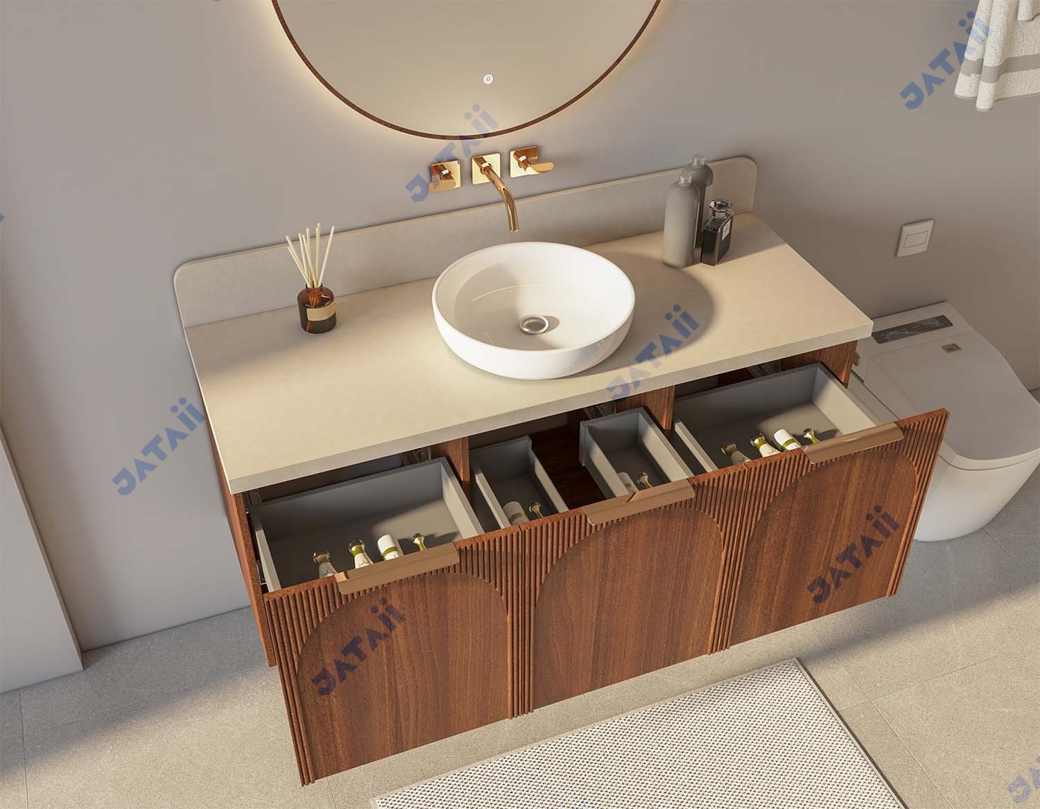 Wholesale 1300mm Arch-Carved Fluted Wood Aluminum Vanity with Vessel Sink & Backlit Round Mirror | TC004