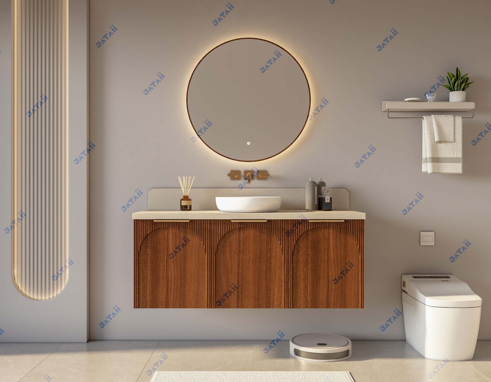 Wholesale 1300mm Arch-Carved Fluted Wood Aluminum Vanity with Vessel Sink & Backlit Round Mirror | TC004