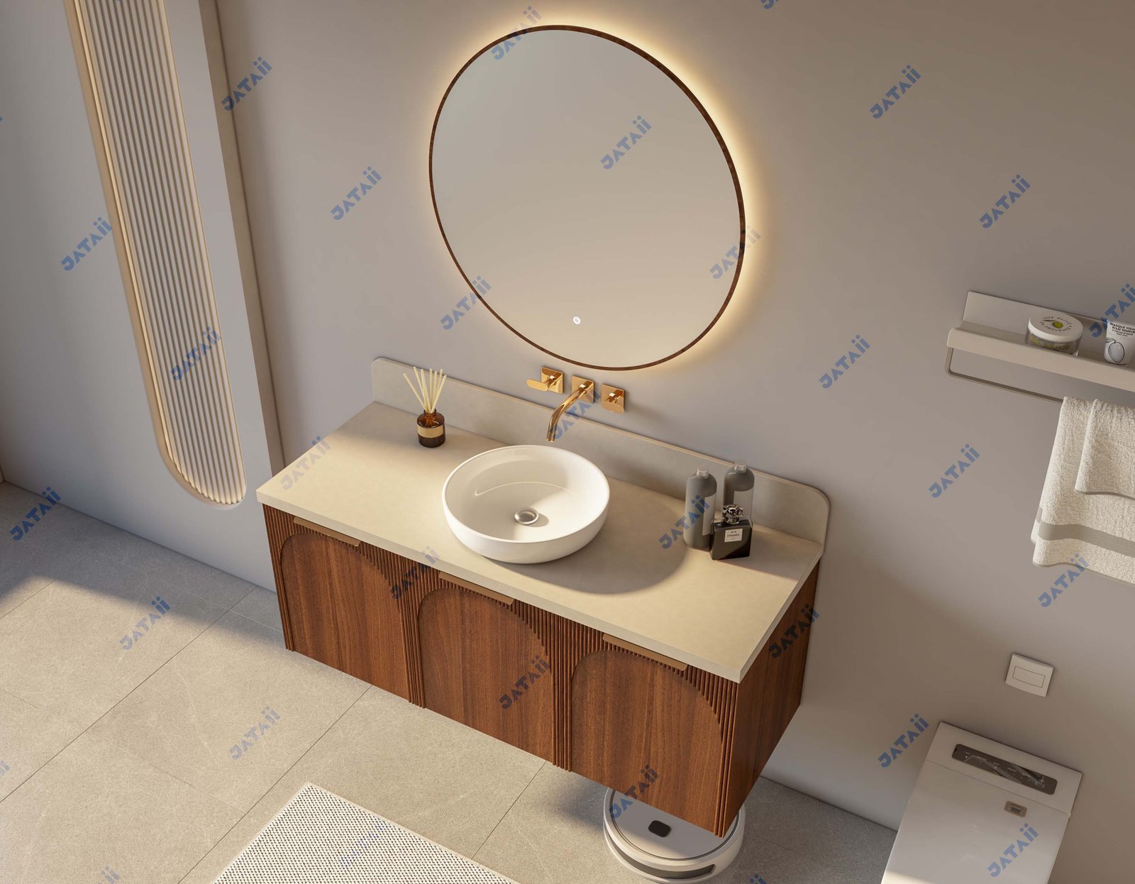 Wholesale 1300mm Arch-Carved Fluted Wood Aluminum Vanity with Vessel Sink & Backlit Round Mirror | TC004