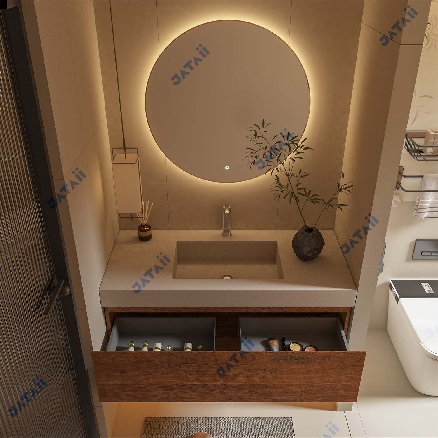 1200mm Dark Wood Floating Vanity with Single-Tier Drawer & Integrated Basin