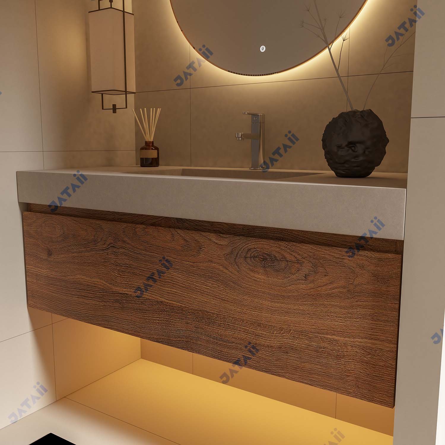 1200mm Dark Wood Floating Vanity with Single-Tier Drawer & Integrated Basin