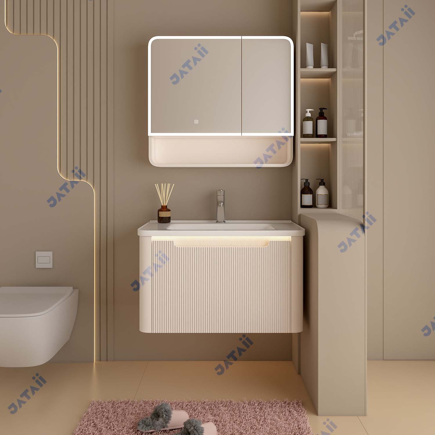 White Fluted Stainless Steel Honeycomb Vanity with Smart Cosmetic Mirror Cabinet