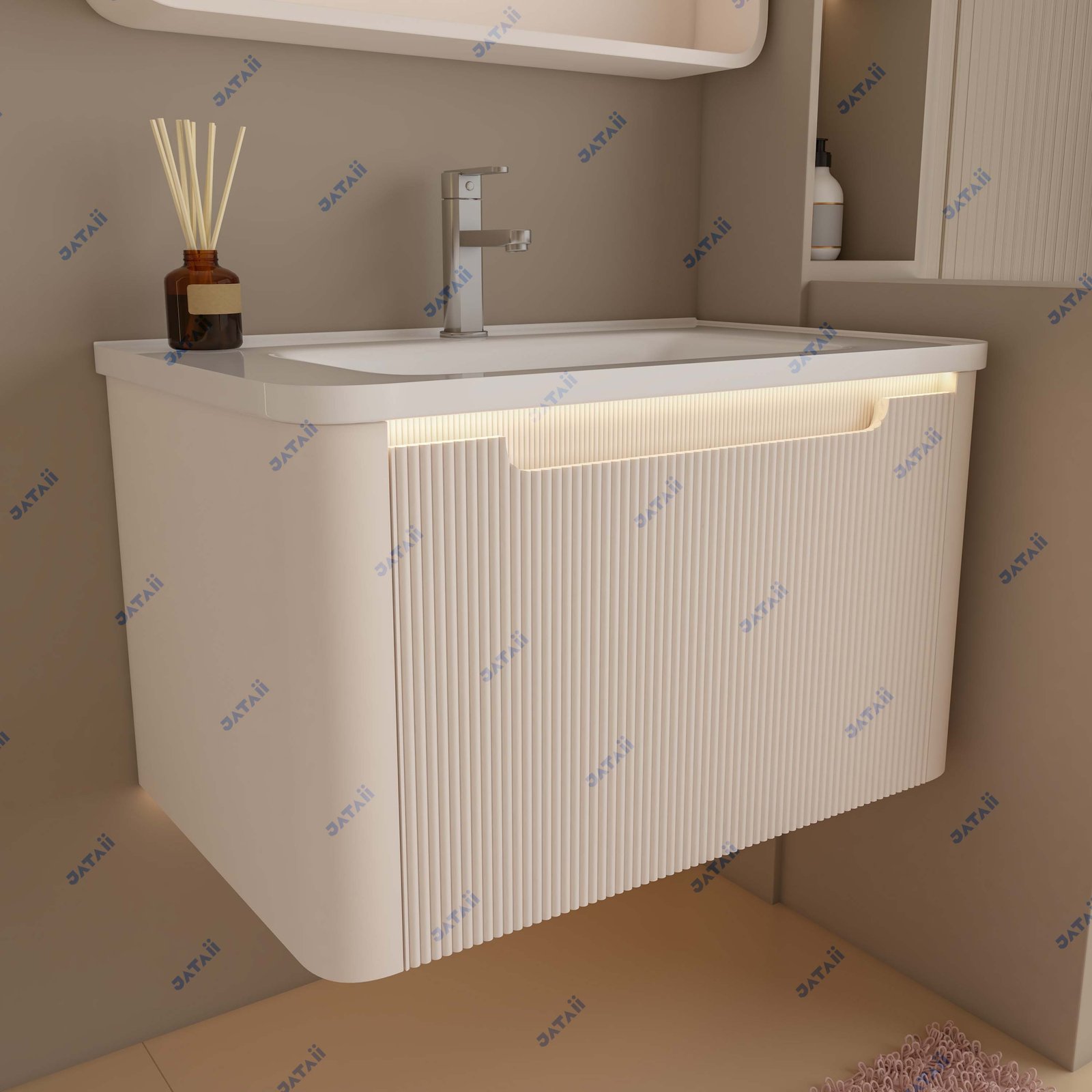 White Fluted Stainless Steel Honeycomb Vanity with Smart Cosmetic Mirror Cabinet