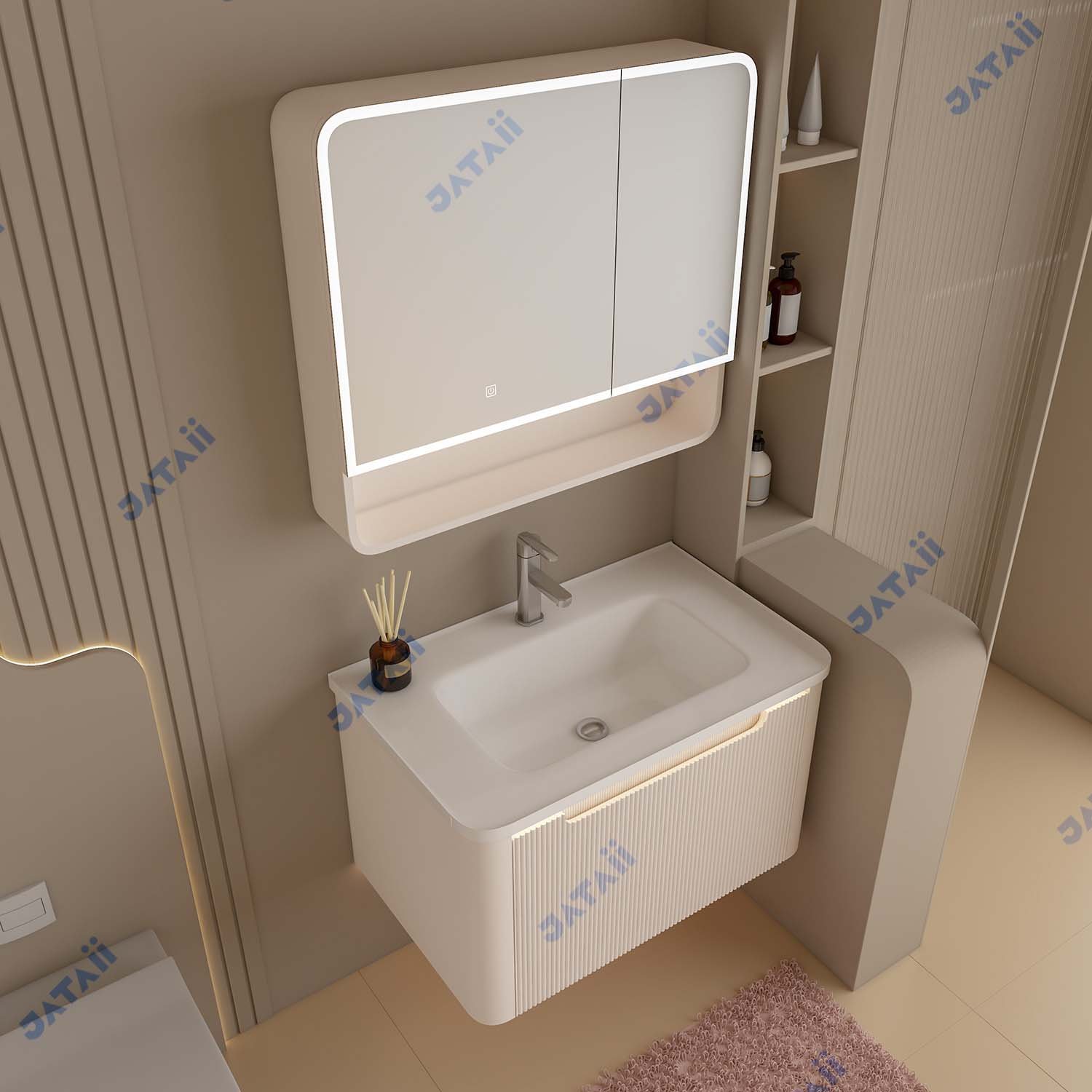 White Fluted Stainless Steel Honeycomb Vanity with Smart Cosmetic Mirror Cabinet
