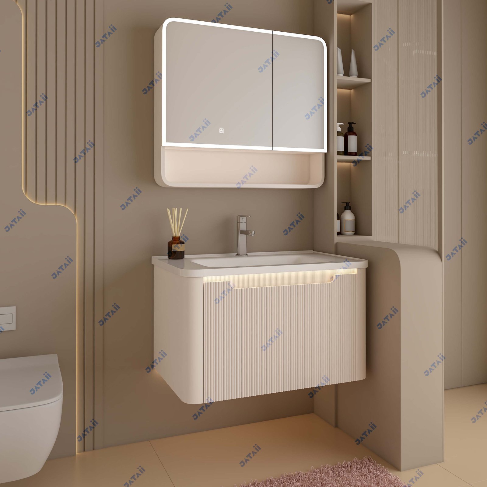 White Fluted Stainless Steel Honeycomb Vanity with Smart Cosmetic Mirror Cabinet
