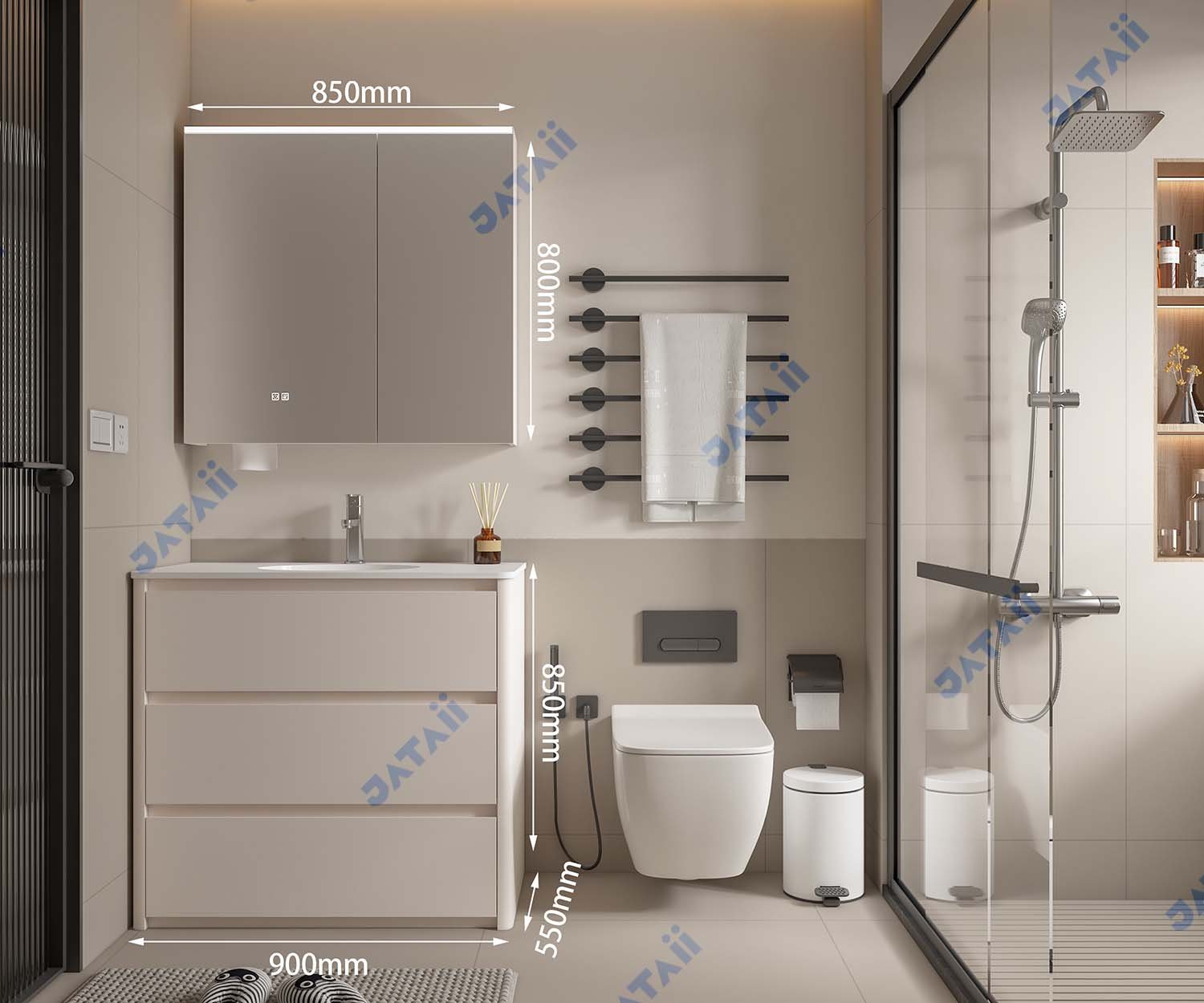 Wholesale 900mm Modern White Floor-Standing Aluminum Vanity with 3 Drawers & Smart Mirror Cabinet | TC003