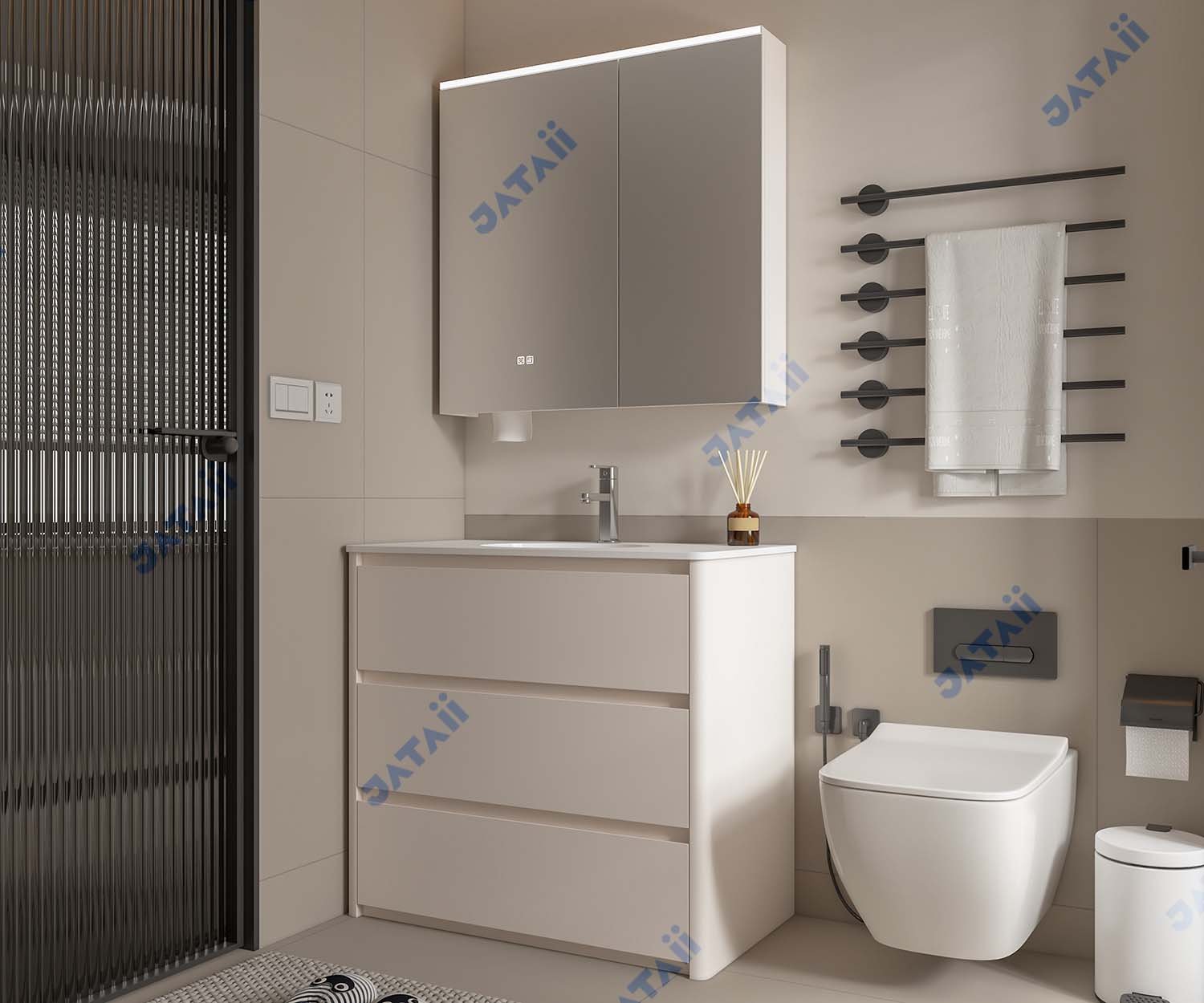 Wholesale 900mm Modern White Floor-Standing Aluminum Vanity with 3 Drawers & Smart Mirror Cabinet | TC003