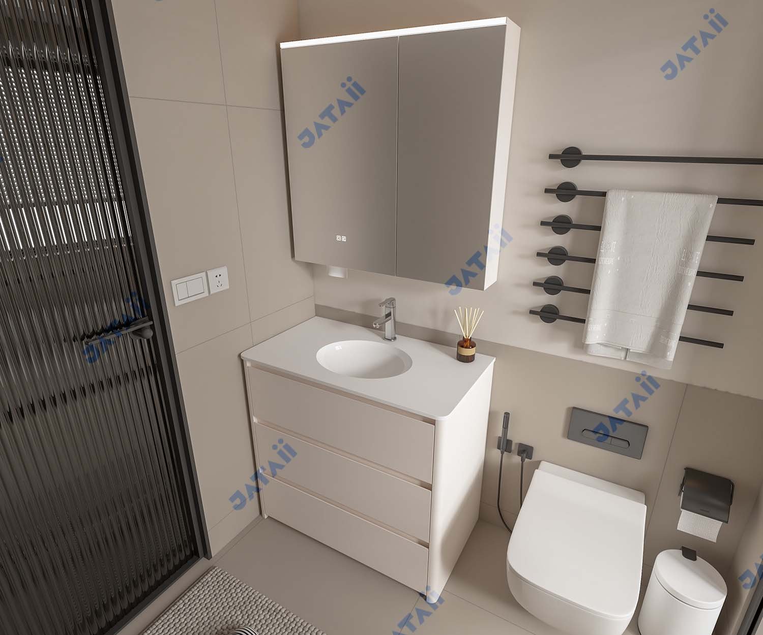 Wholesale 900mm Modern White Floor-Standing Aluminum Vanity with 3 Drawers & Smart Mirror Cabinet | TC003