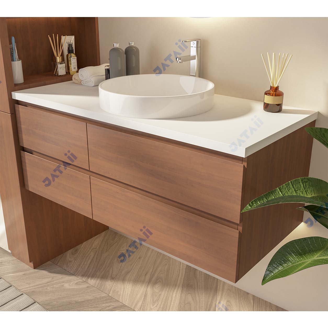 Wholesale 1200mm Modern Wood Grain Aluminum Honeycomb Vanity with Four Drawers & Vessel Sink | JTDR032
