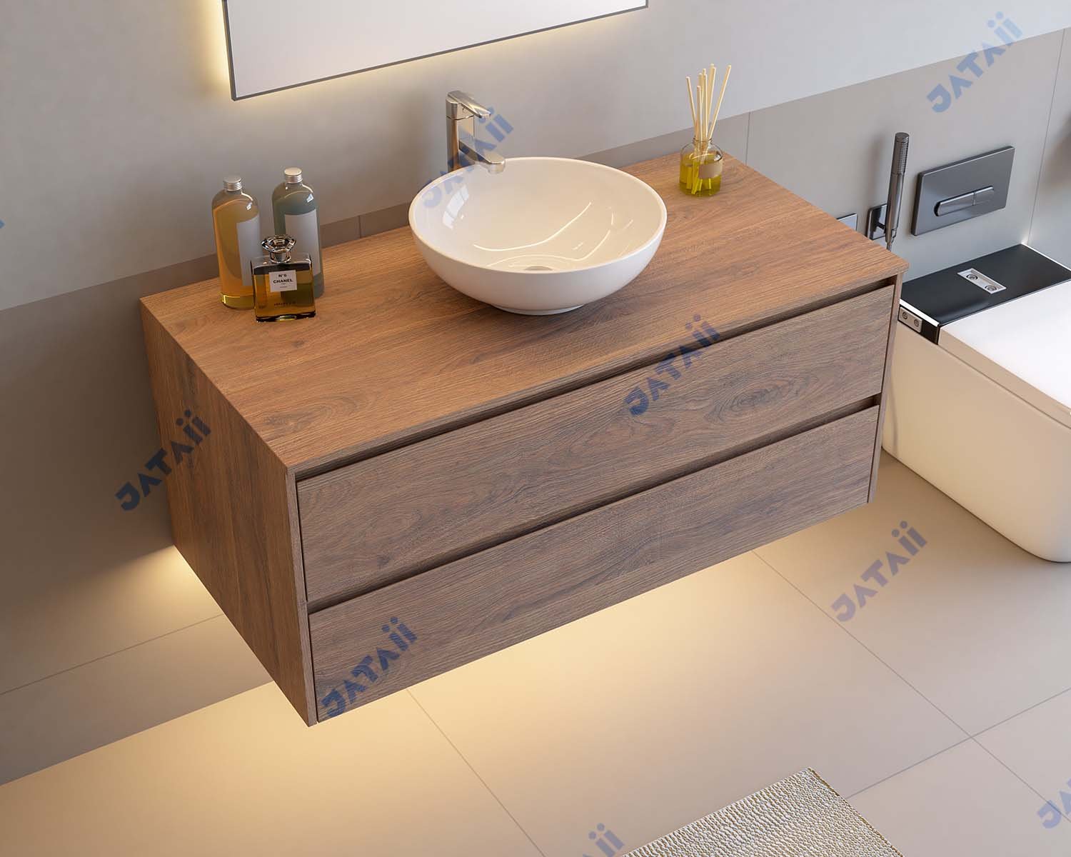 Wholesale 1200mm Modern Wood Grain Aluminum Vanity with Double Drawers & Round Vessel Sink | JTDR034