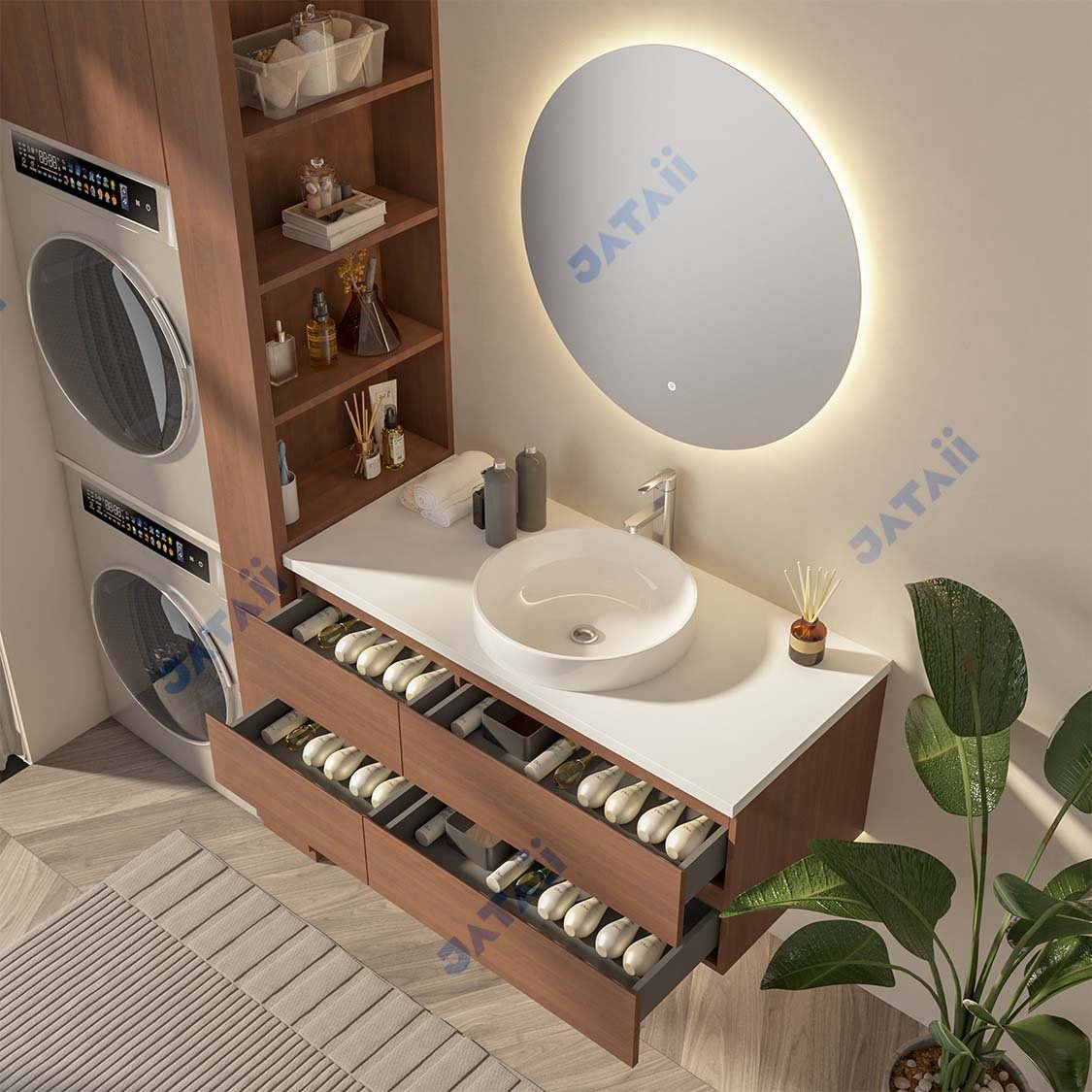 Wholesale 1200mm Modern Wood Grain Aluminum Honeycomb Vanity with Four Drawers & Vessel Sink | JTDR032