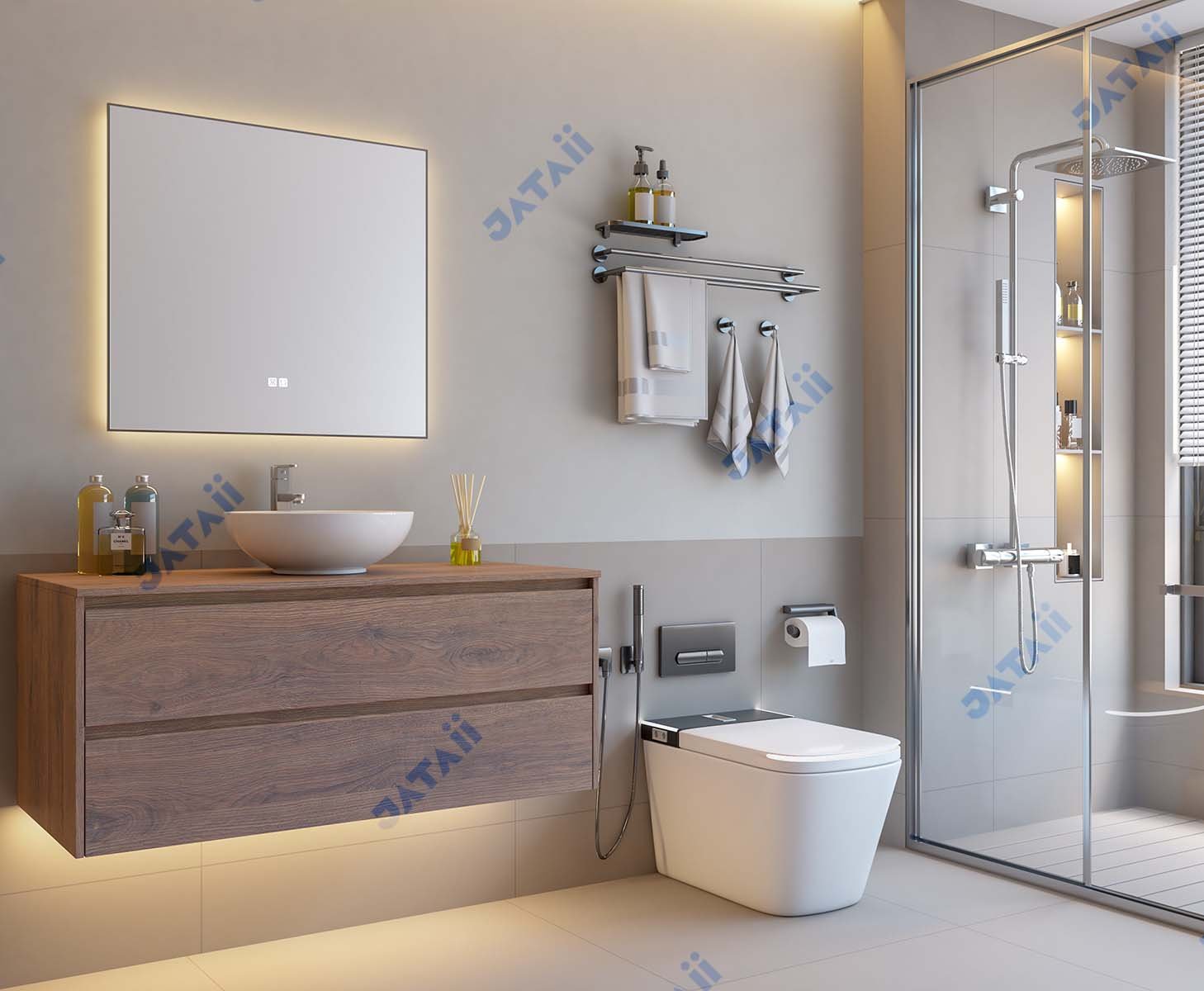 Wholesale 1200mm Modern Wood Grain Aluminum Vanity with Double Drawers & Round Vessel Sink | JTDR034