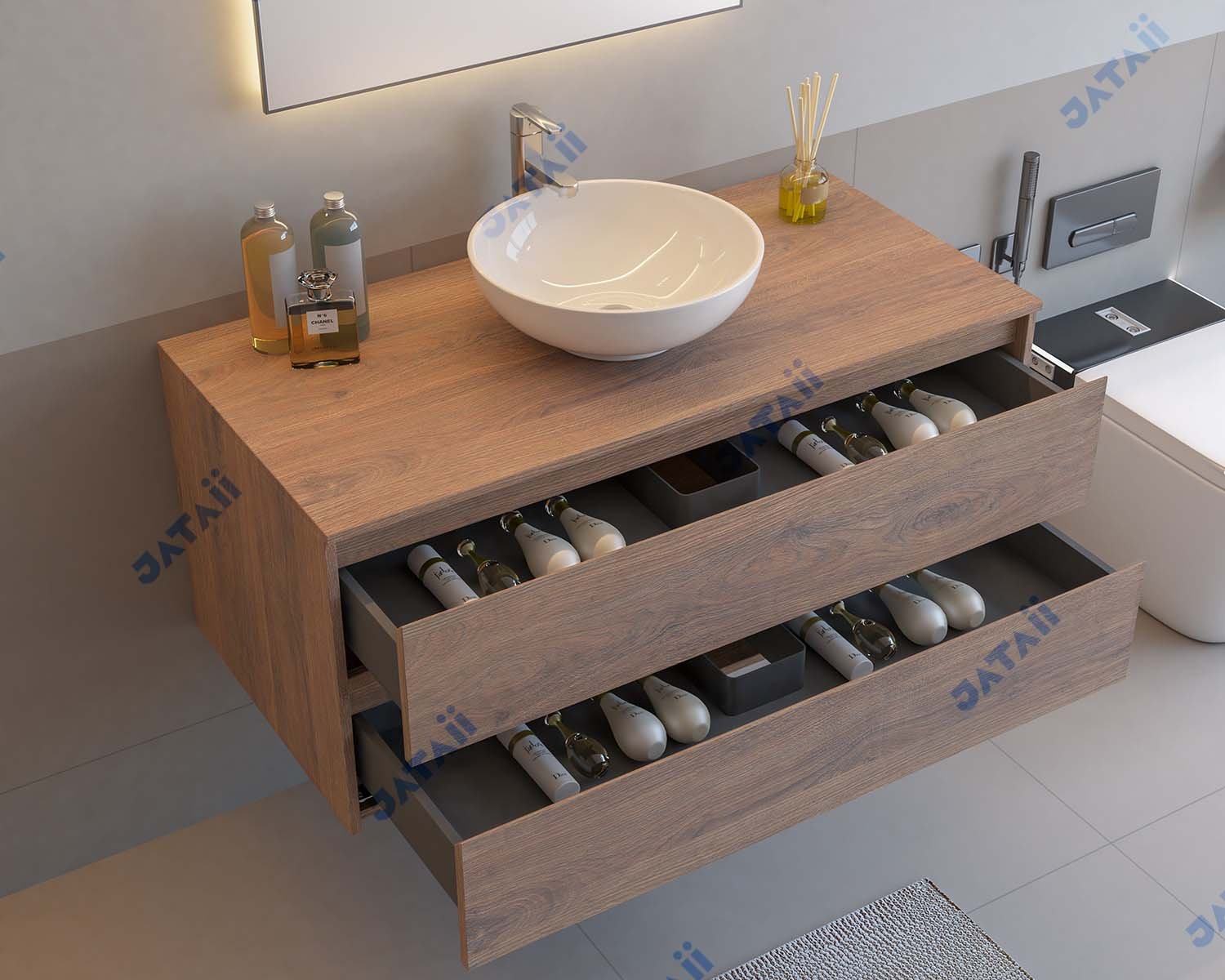 Wholesale 1200mm Modern Wood Grain Aluminum Vanity with Double Drawers & Round Vessel Sink | JTDR034