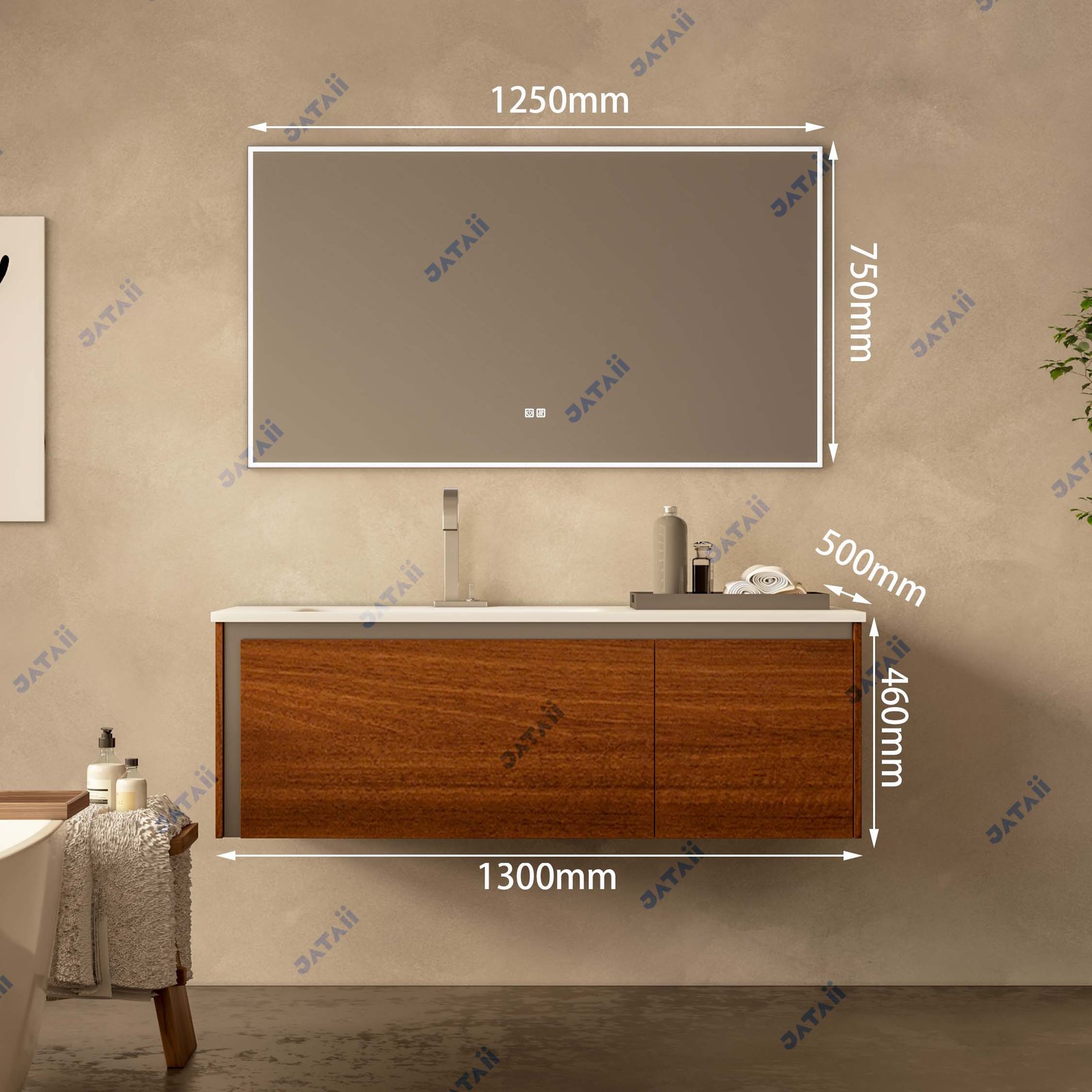 1300mm Wood Grain Stainless Steel Vanity with Asymmetrical Sink & LED Mirror