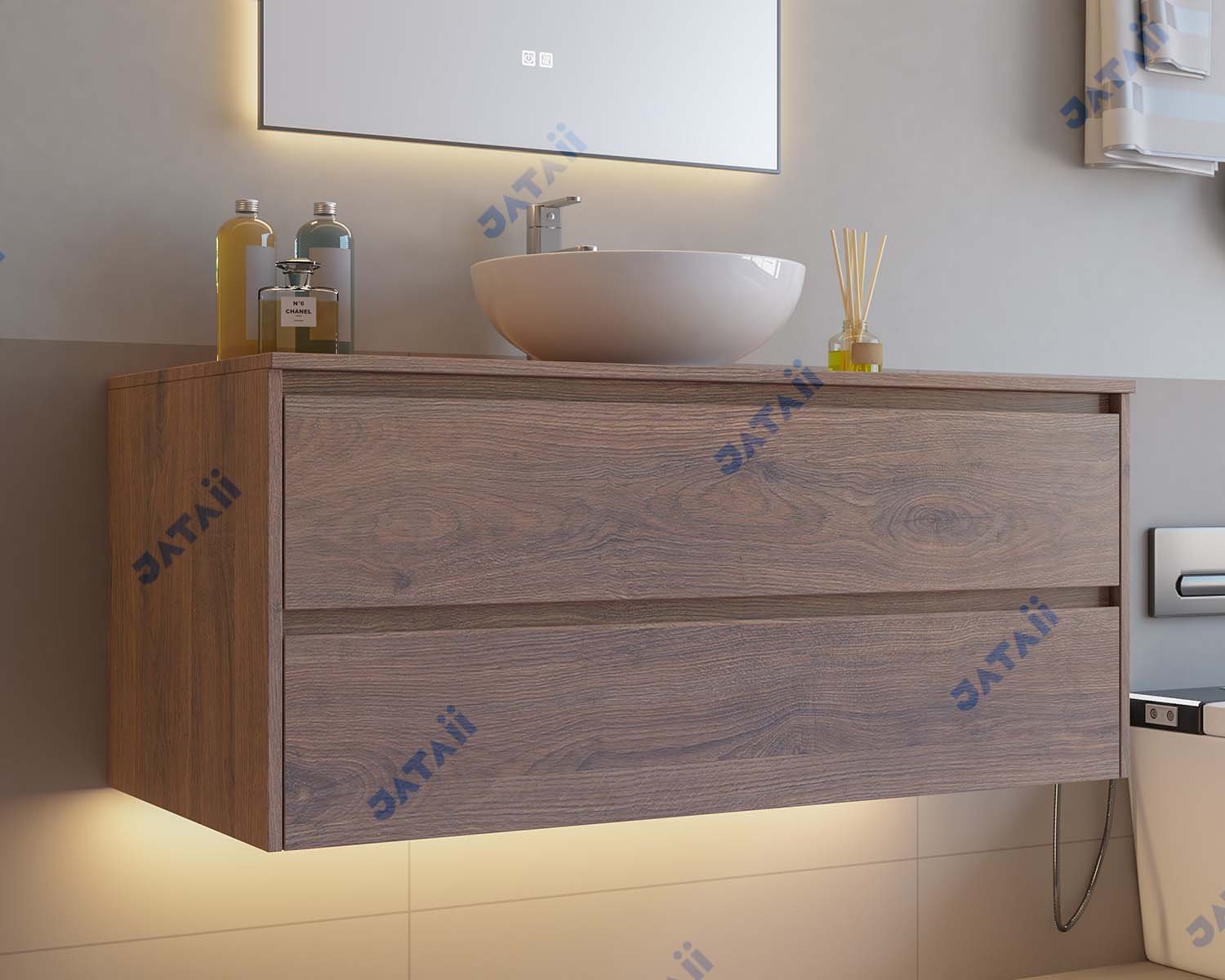 Wholesale 1200mm Modern Wood Grain Aluminum Vanity with Double Drawers & Round Vessel Sink | JTDR034