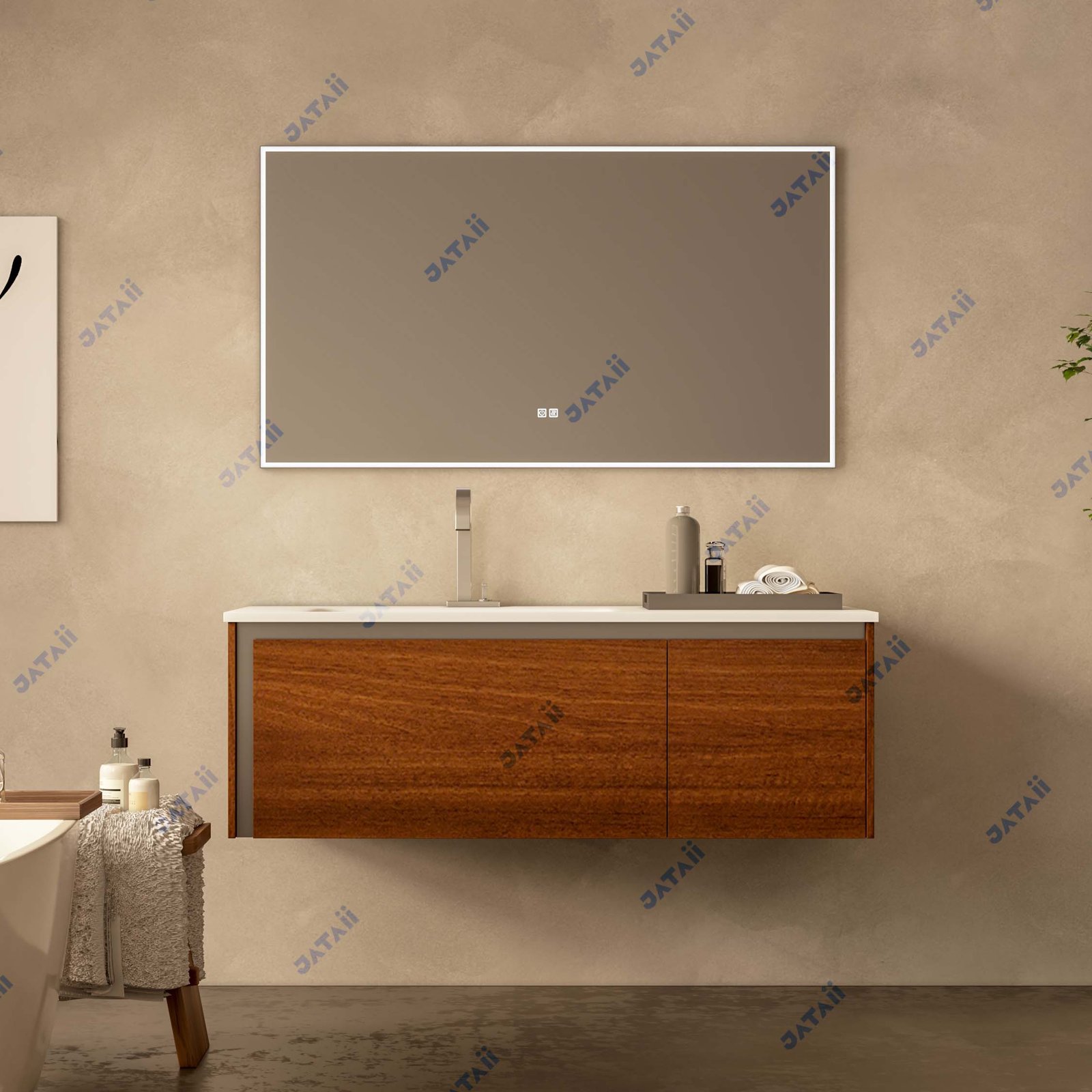 1300mm Wood Grain Stainless Steel Vanity with Asymmetrical Sink & LED Mirror