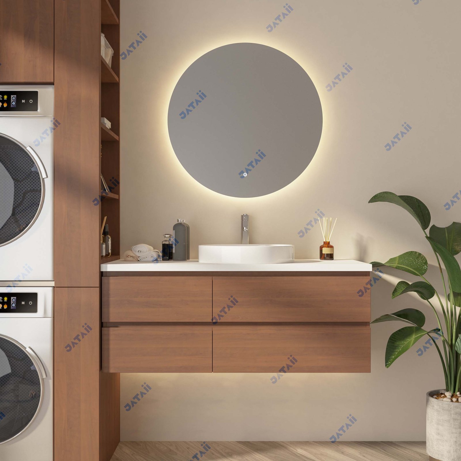 Wholesale 1200mm Modern Wood Grain Aluminum Honeycomb Vanity with Four Drawers & Vessel Sink | JTDR032
