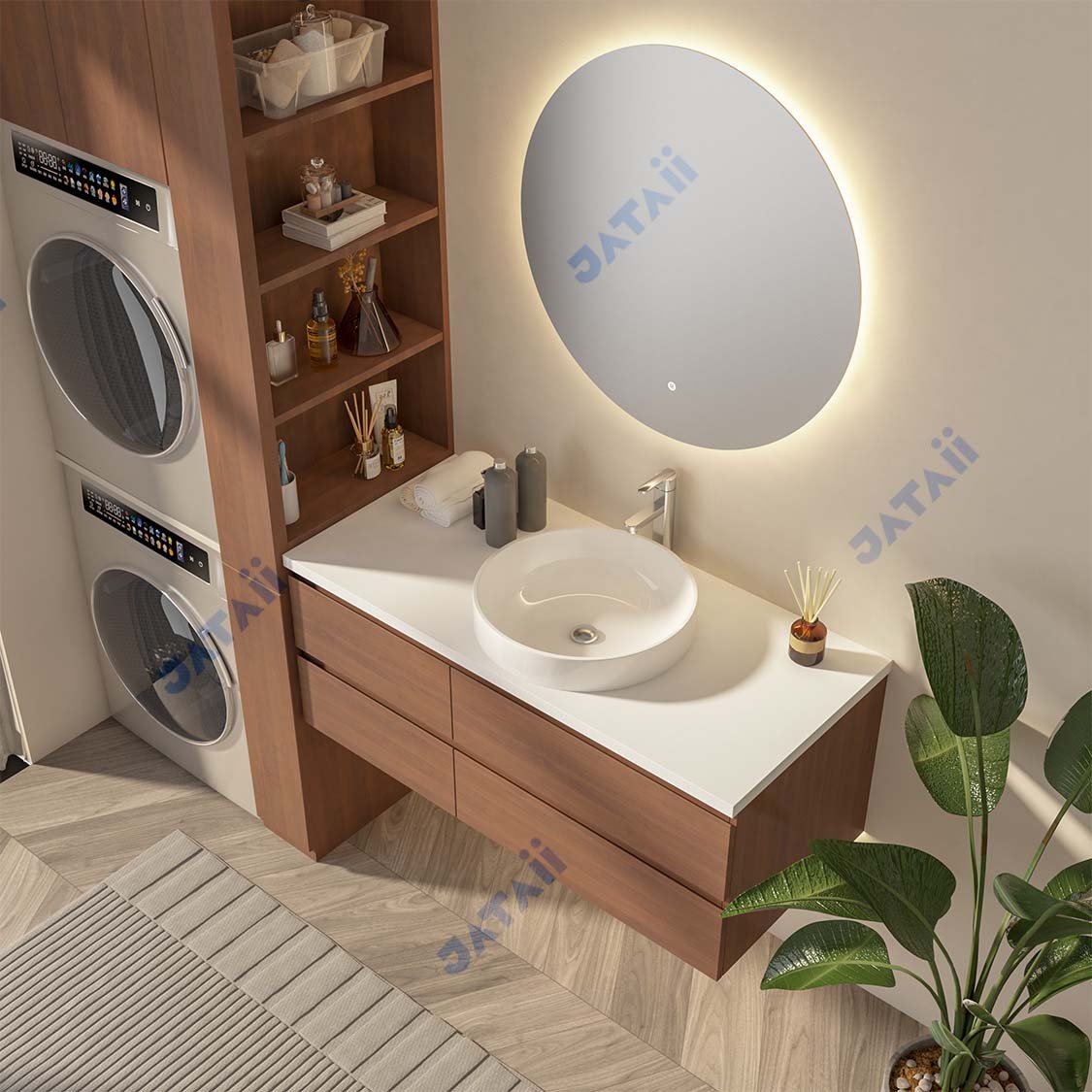 Wholesale 1200mm Modern Wood Grain Aluminum Honeycomb Vanity with Four Drawers & Vessel Sink | JTDR032