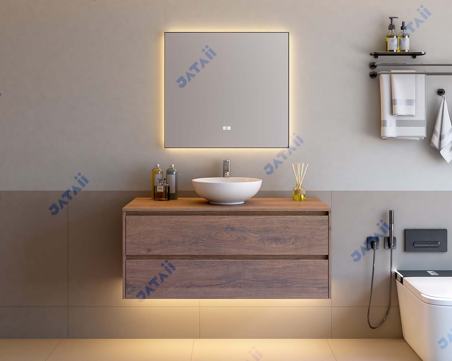 Wholesale 1200mm Modern Wood Grain Aluminum Vanity with Double Drawers & Round Vessel Sink | JTDR034