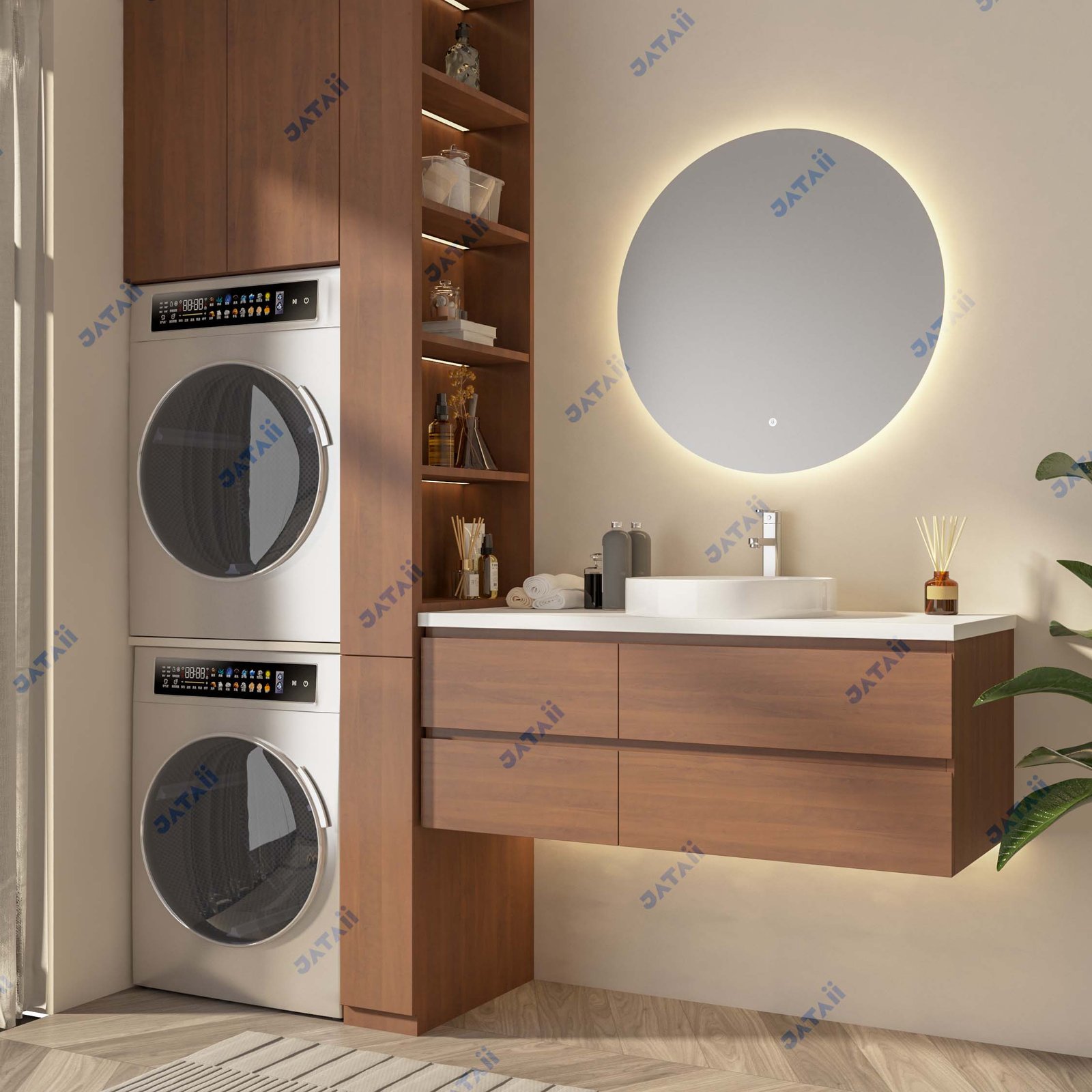 Wholesale 1200mm Modern Wood Grain Aluminum Honeycomb Vanity with Four Drawers & Vessel Sink | JTDR032