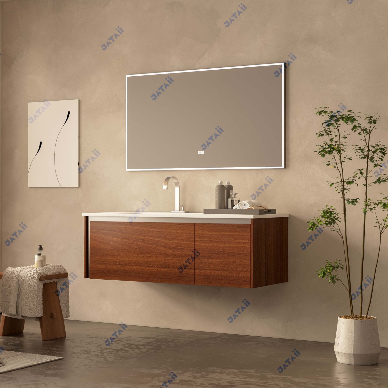 1300mm Wood Grain Stainless Steel Vanity with Asymmetrical Sink & LED Mirror