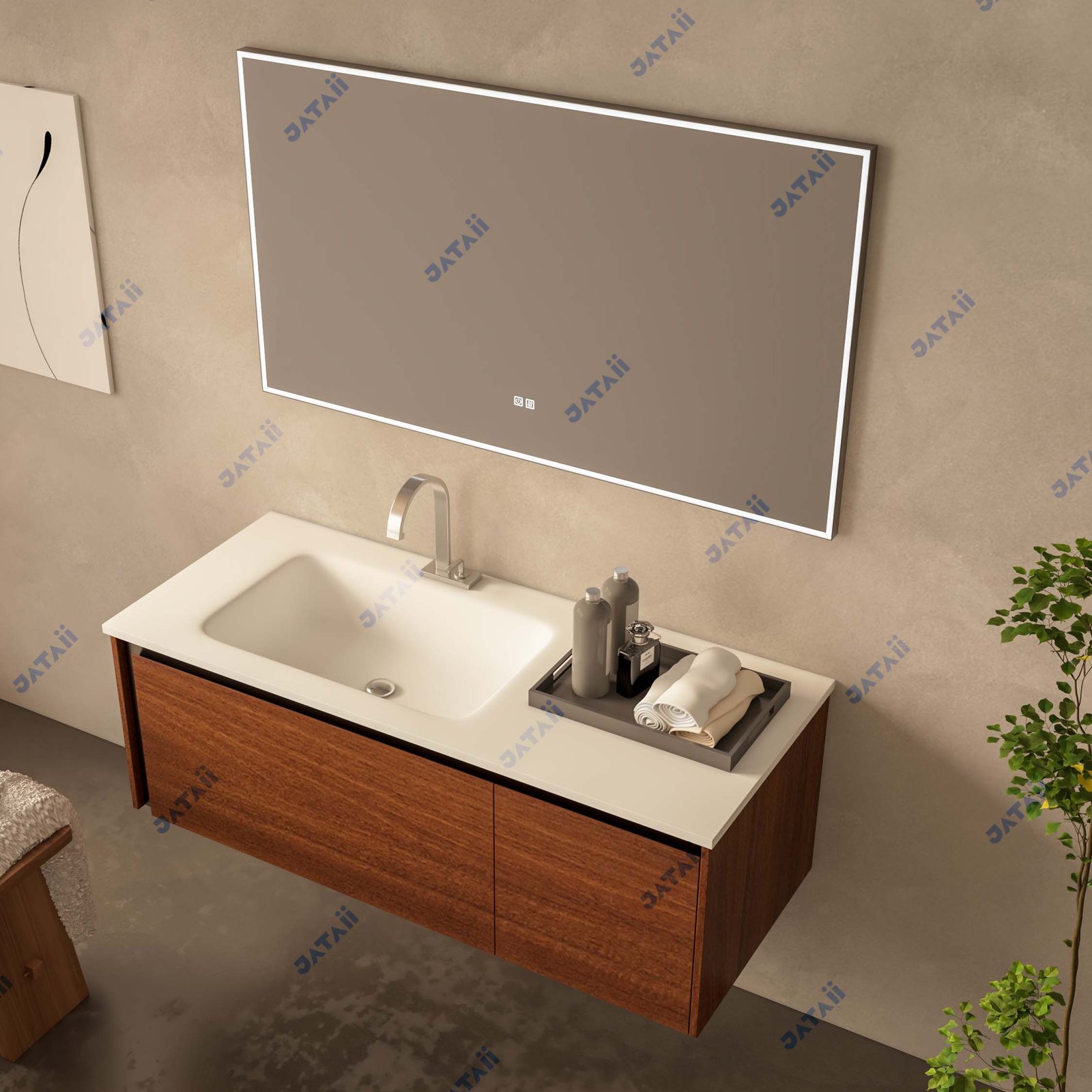 1300mm Wood Grain Stainless Steel Vanity with Asymmetrical Sink & LED Mirror