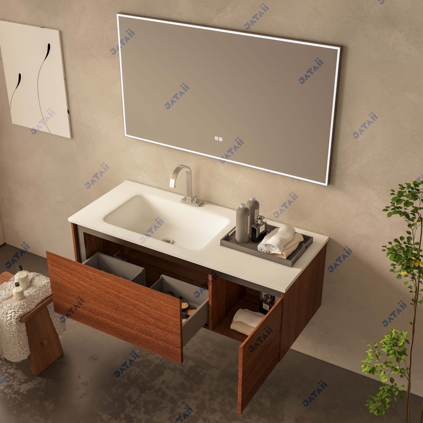 1300mm Wood Grain Stainless Steel Vanity with Asymmetrical Sink & LED Mirror