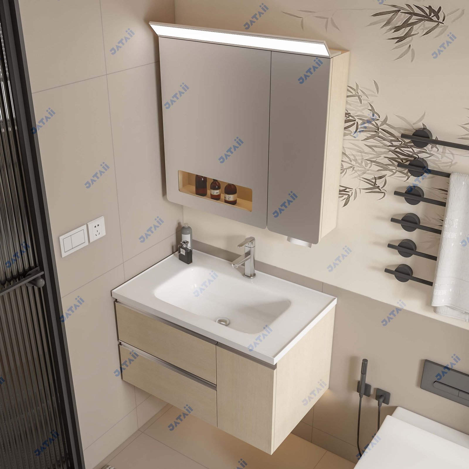 Wholesale 810mm Modern Light Wood Aluminum Honeycomb Vanity with Top Light Mirror & Built-in Dispenser | JTDR028