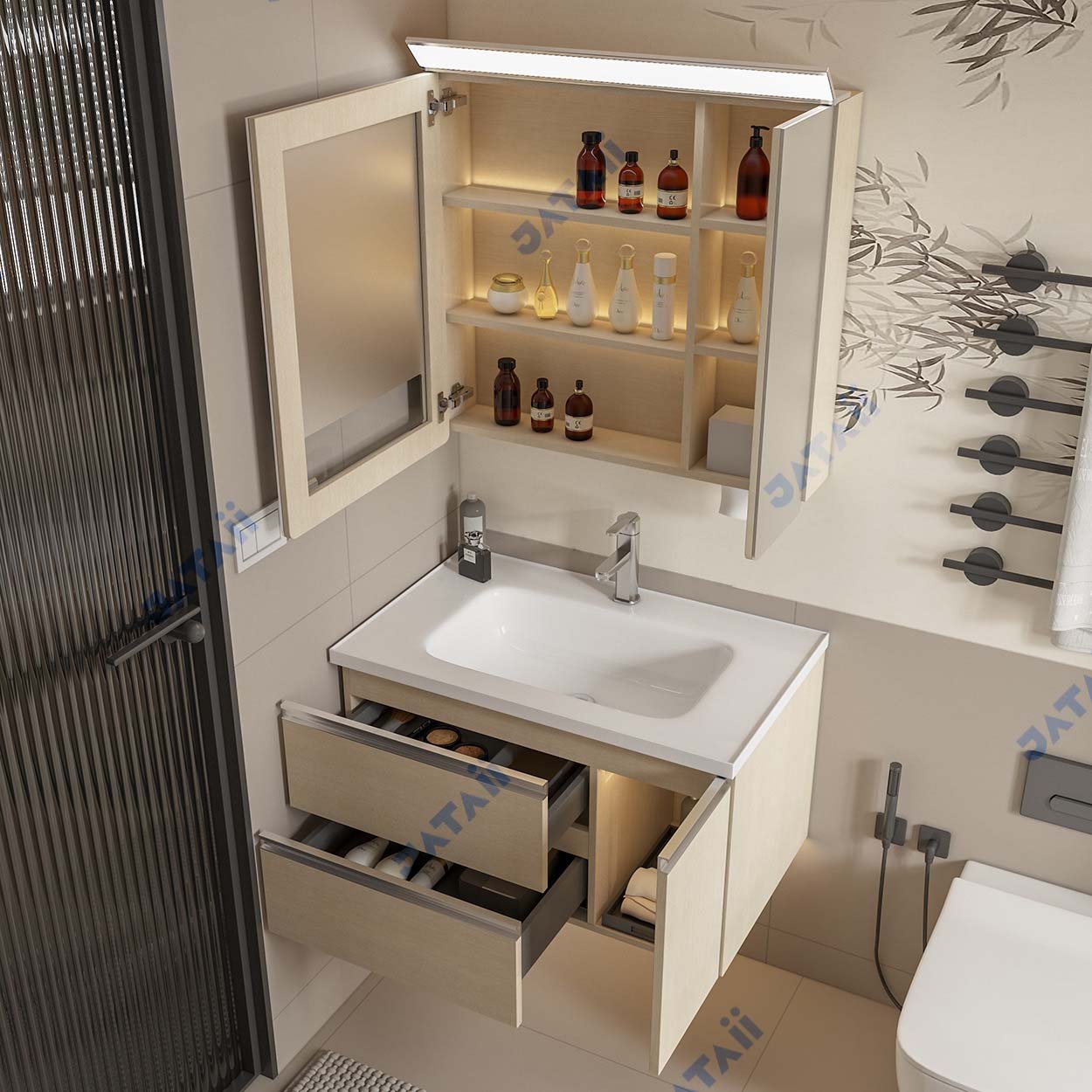 Wholesale 810mm Modern Light Wood Aluminum Honeycomb Vanity with Top Light Mirror & Built-in Dispenser | JTDR028