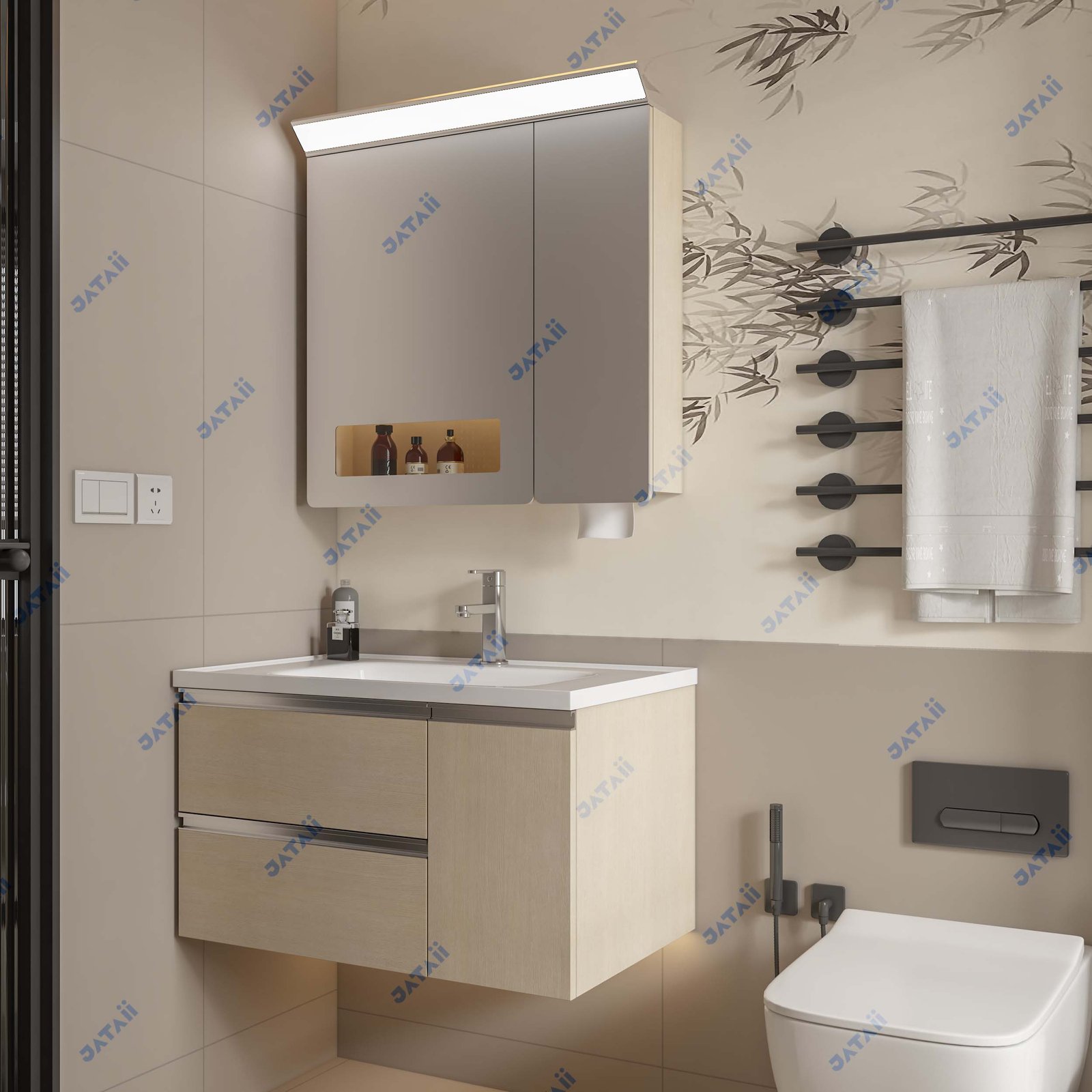 Wholesale 810mm Modern Light Wood Aluminum Honeycomb Vanity with Top Light Mirror & Built-in Dispenser | JTDR028