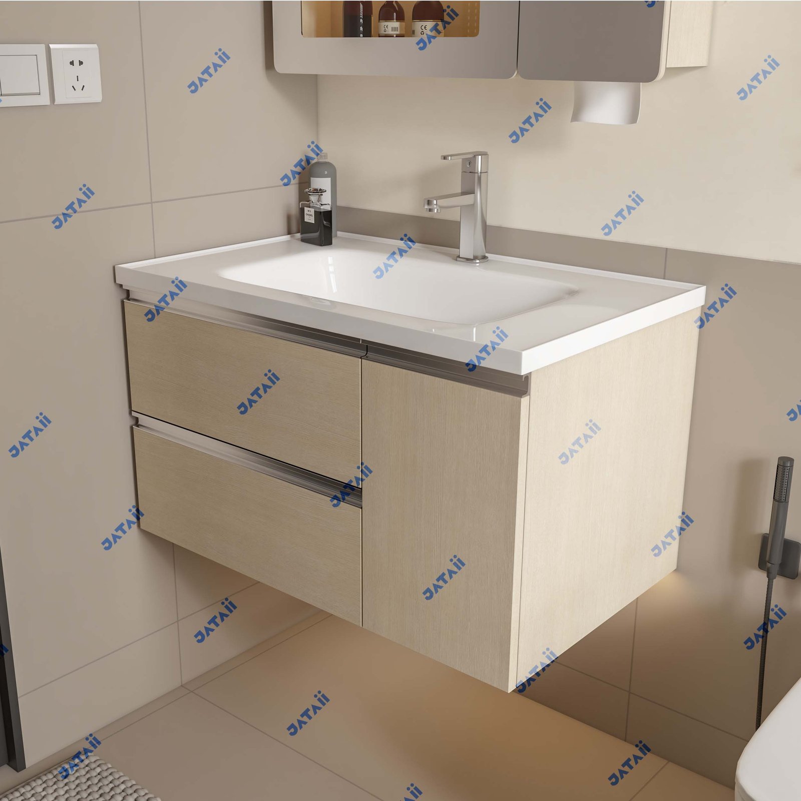 Wholesale 810mm Modern Light Wood Aluminum Honeycomb Vanity with Top Light Mirror & Built-in Dispenser | JTDR028
