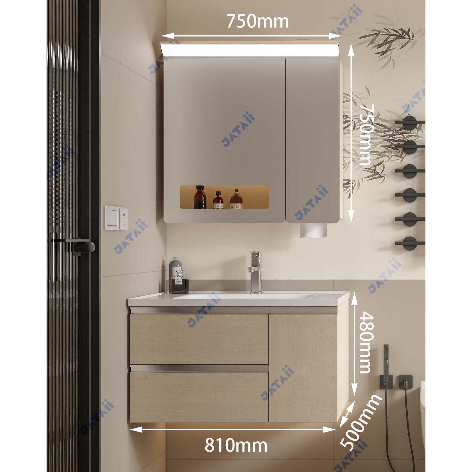 Wholesale 810mm Modern Light Wood Aluminum Honeycomb Vanity with Top Light Mirror & Built-in Dispenser | JTDR028