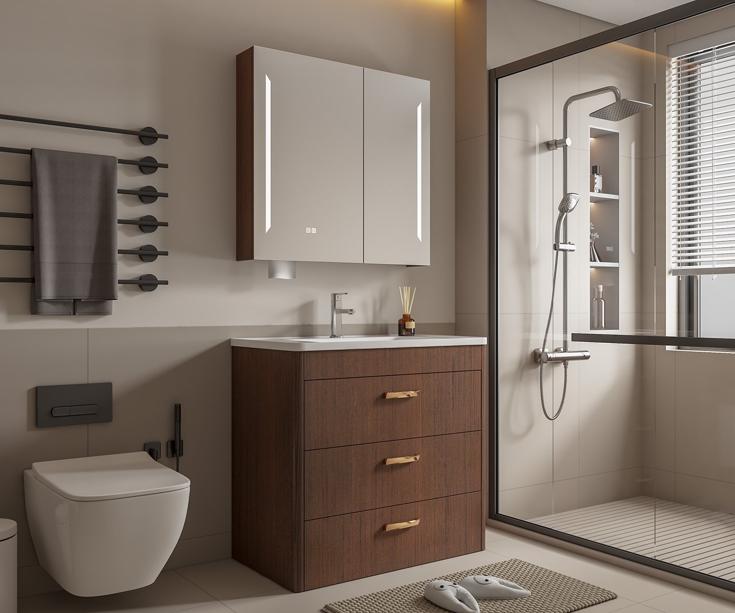 Wholesale 900mm Curved Wood Floor-Standing Vanity with Gold Handles & Smart Mirror Cabinet | TC001