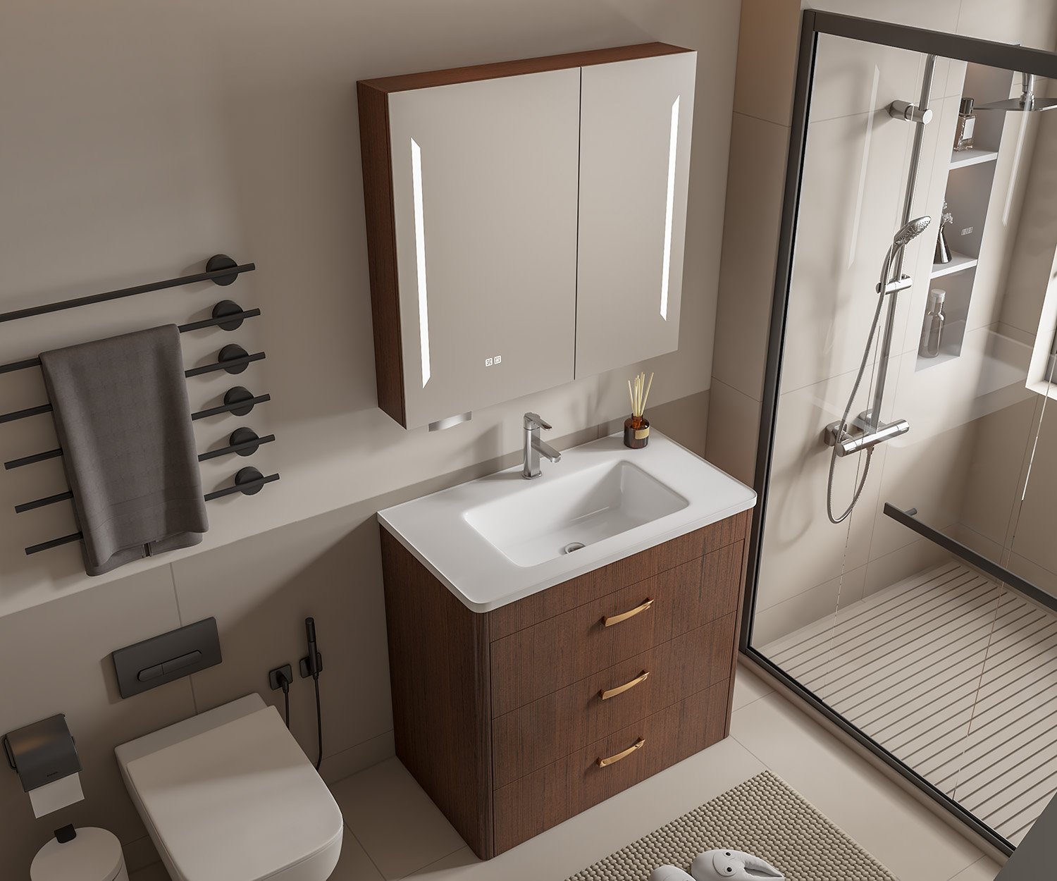 Wholesale 900mm Curved Wood Floor-Standing Vanity with Gold Handles & Smart Mirror Cabinet | TC001