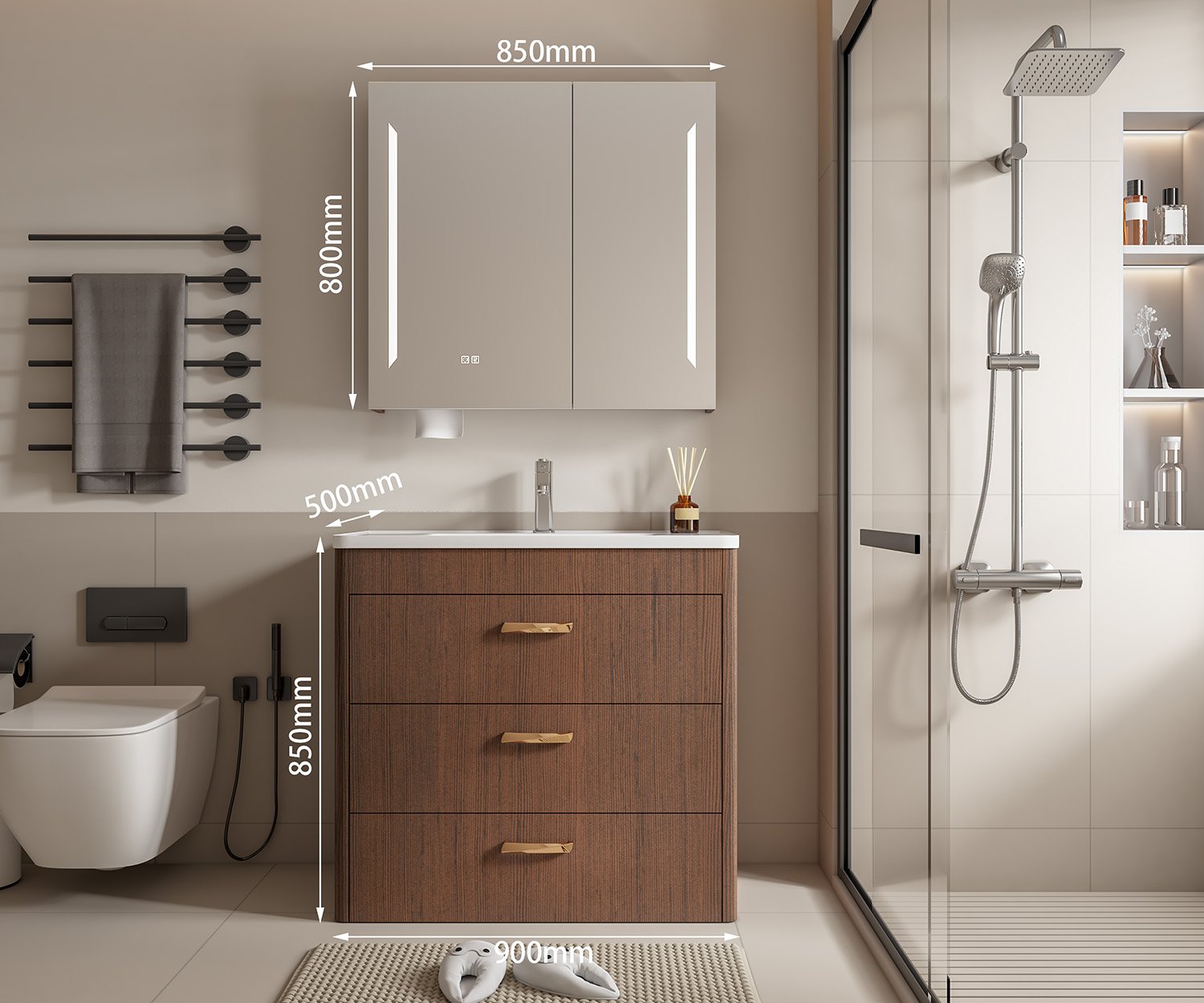 Wholesale 900mm Curved Wood Floor-Standing Vanity with Gold Handles & Smart Mirror Cabinet | TC001