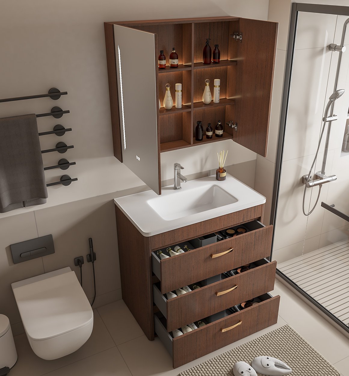 Wholesale 900mm Curved Wood Floor-Standing Vanity with Gold Handles & Smart Mirror Cabinet | TC001