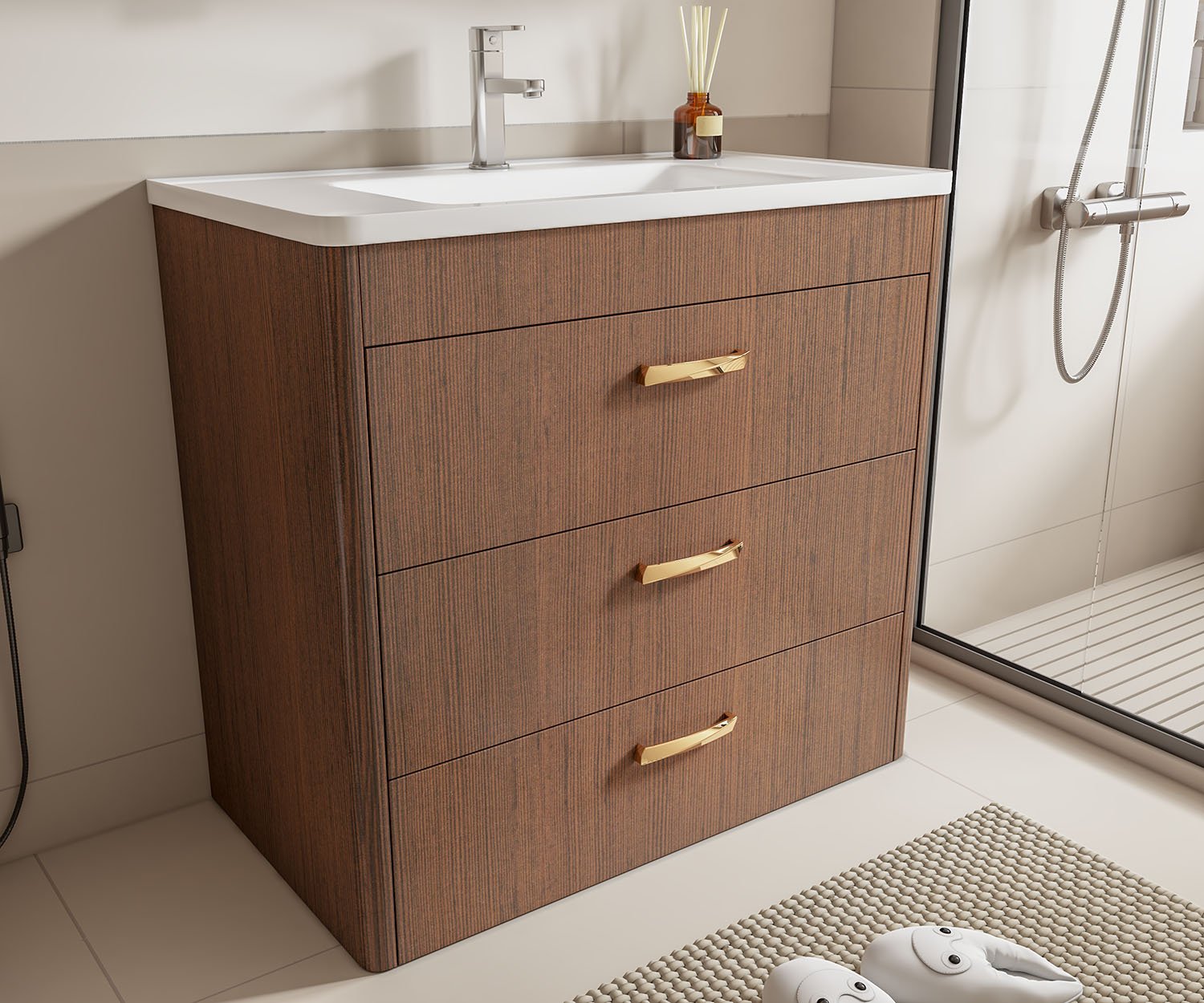 Wholesale 900mm Curved Wood Floor-Standing Vanity with Gold Handles & Smart Mirror Cabinet | TC001