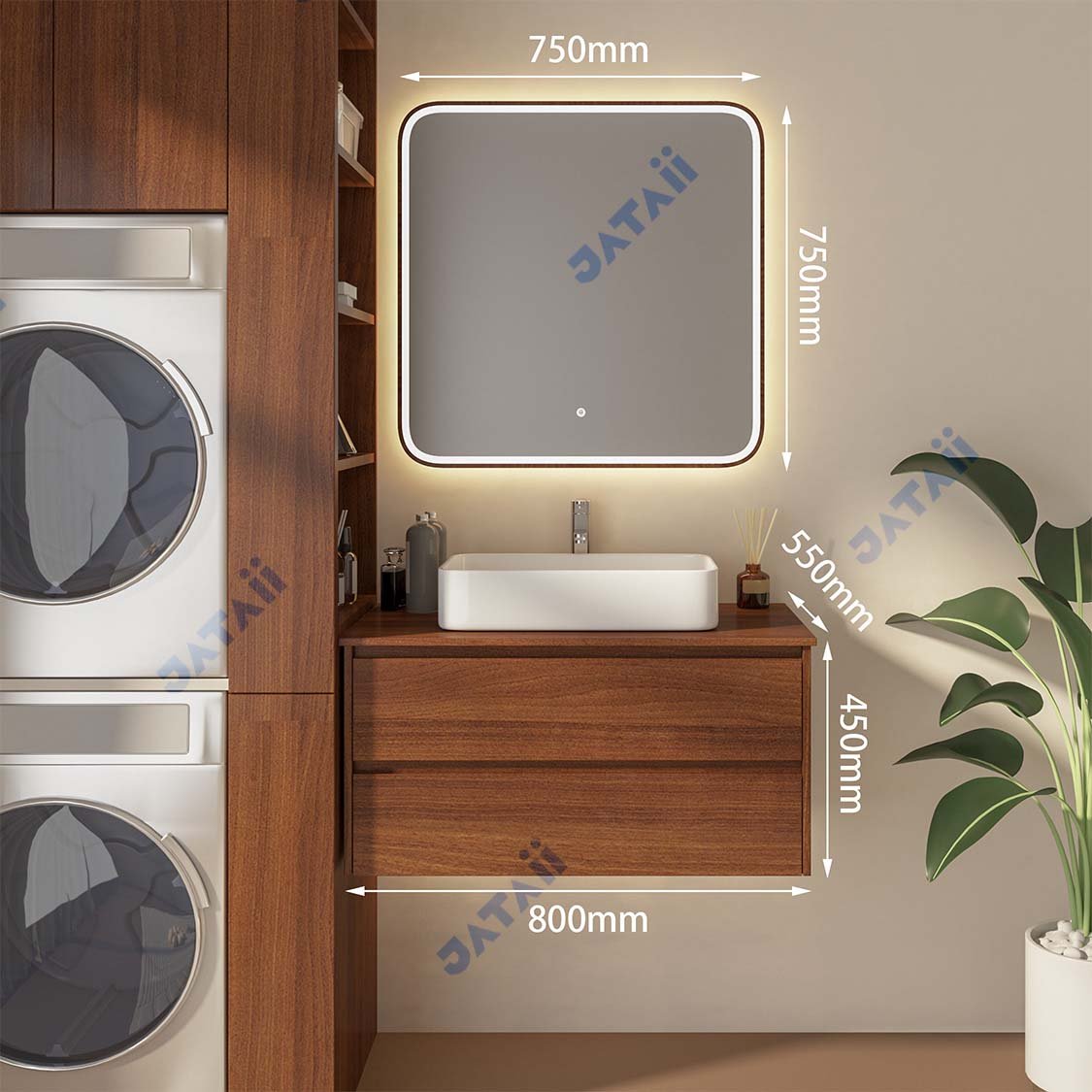 Wholesale 800mm Dark Walnut Aluminum Honeycomb Vanity with Square Vessel Sink & Wood-Framed Smart Mirror | JTDR033