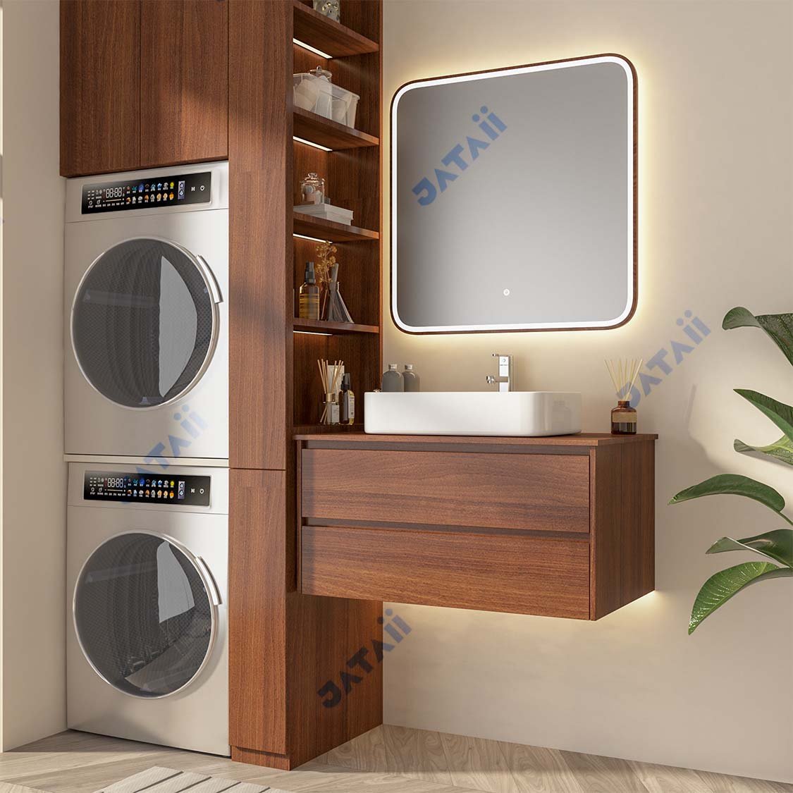Wholesale 800mm Dark Walnut Aluminum Honeycomb Vanity with Square Vessel Sink & Wood-Framed Smart Mirror | JTDR033