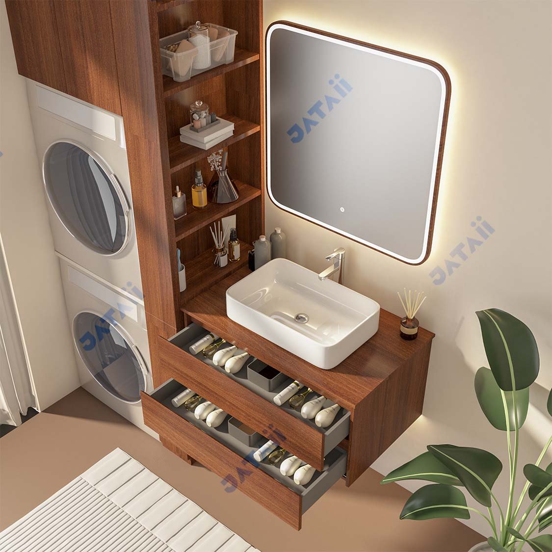 Wholesale 800mm Dark Walnut Aluminum Honeycomb Vanity with Square Vessel Sink & Wood-Framed Smart Mirror | JTDR033